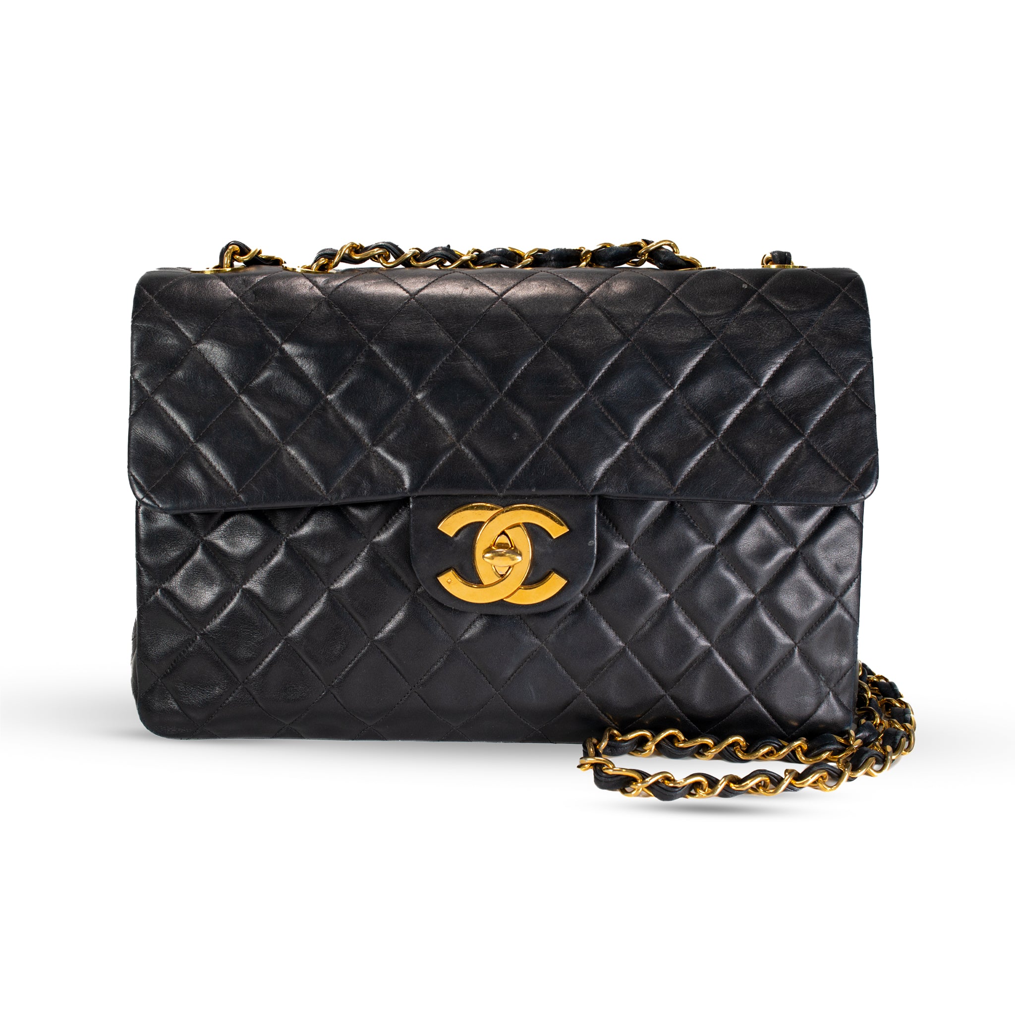 Vintage Chanel 1990s Black Lambskin Leather Quilted XL Jumbo Flap Bag