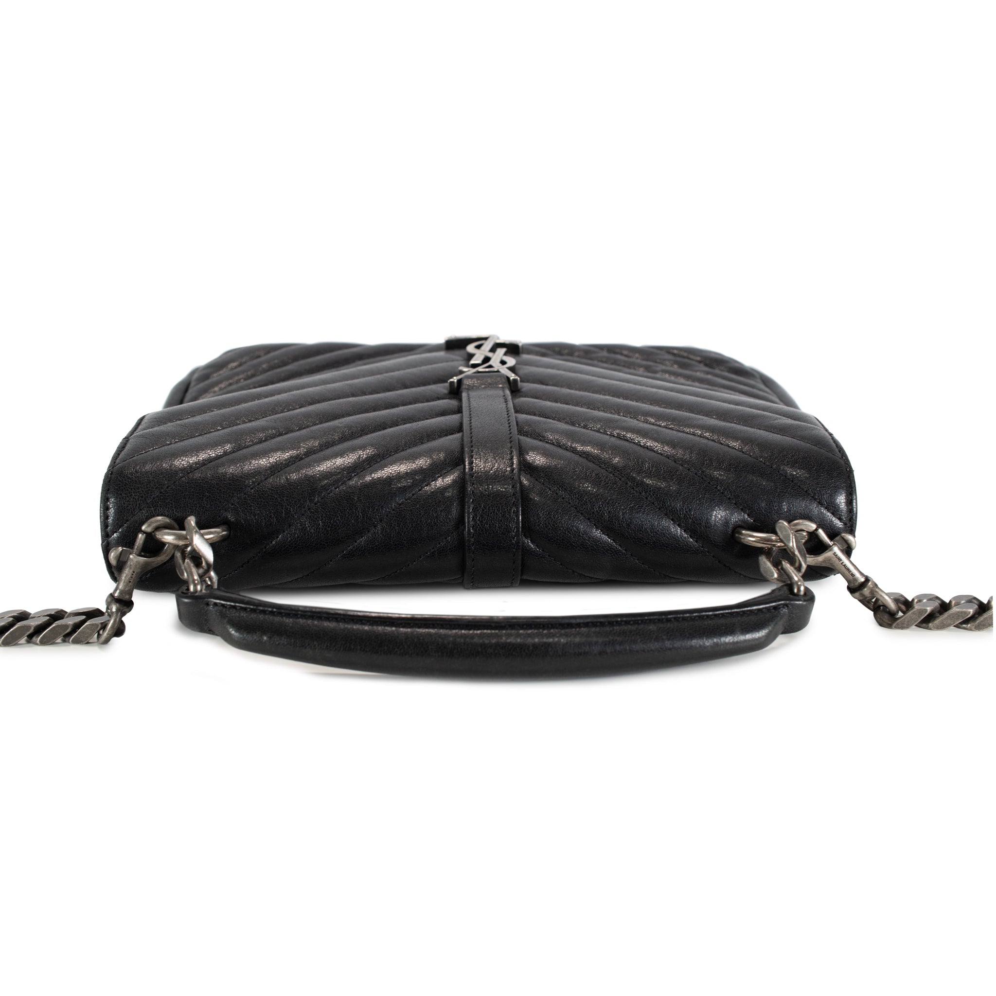 Saint Laurent College Medium Black Quilted Leather Top Handle Crossbody Bag