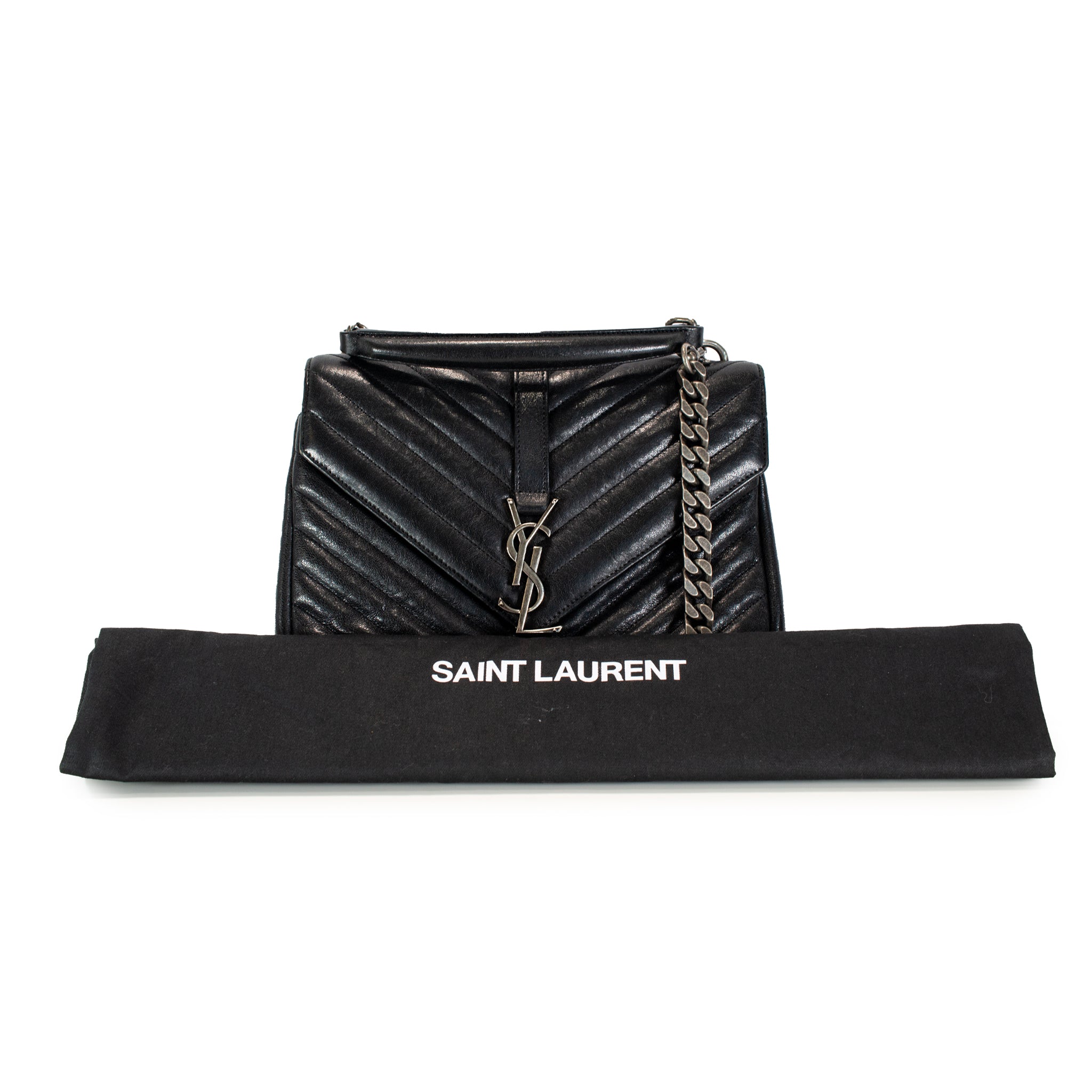 Saint Laurent College Medium Black Quilted Leather Top Handle Crossbody Bag