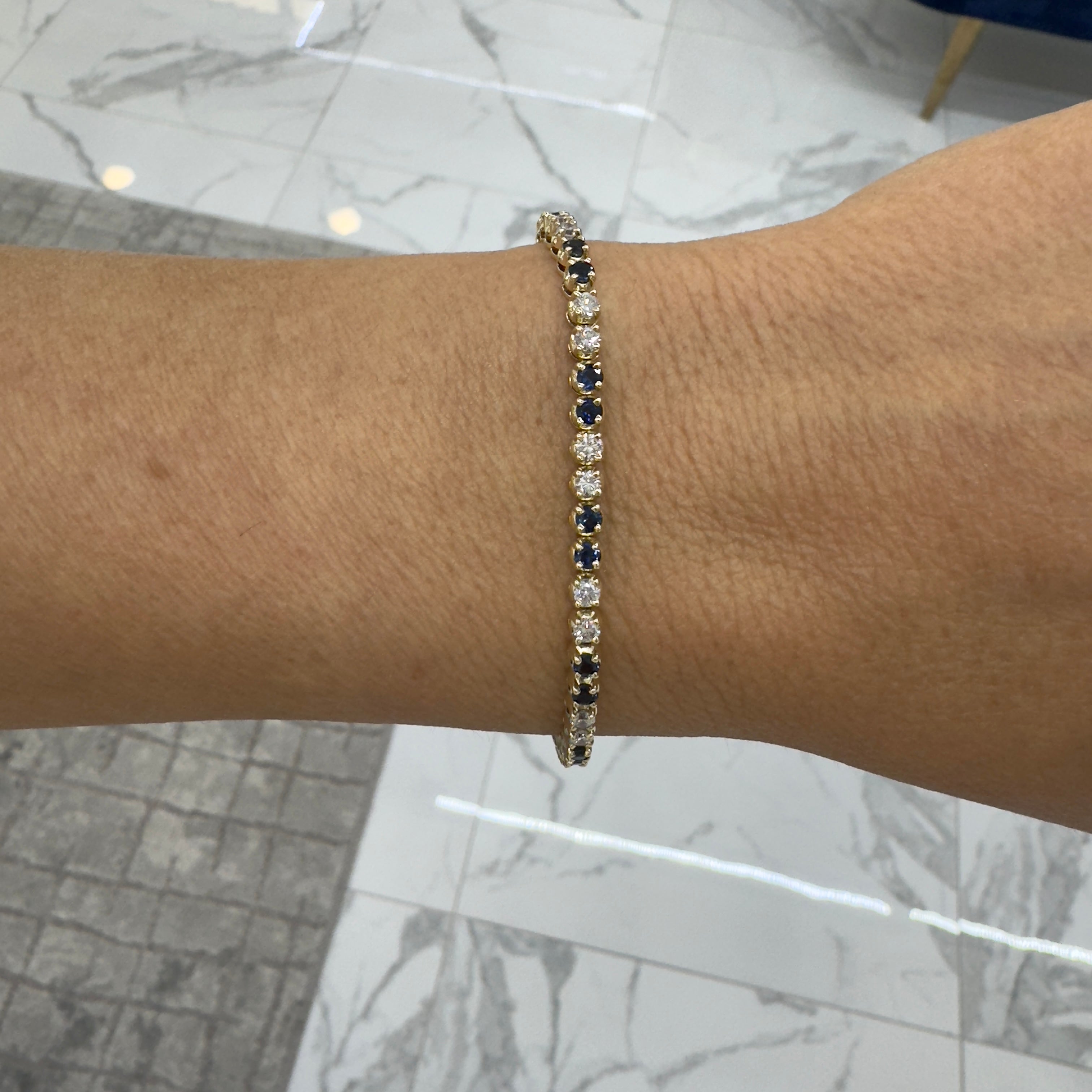 Ladies 14K Yellow Gold Sapphire Diamond Alternating Tennis Bracelet