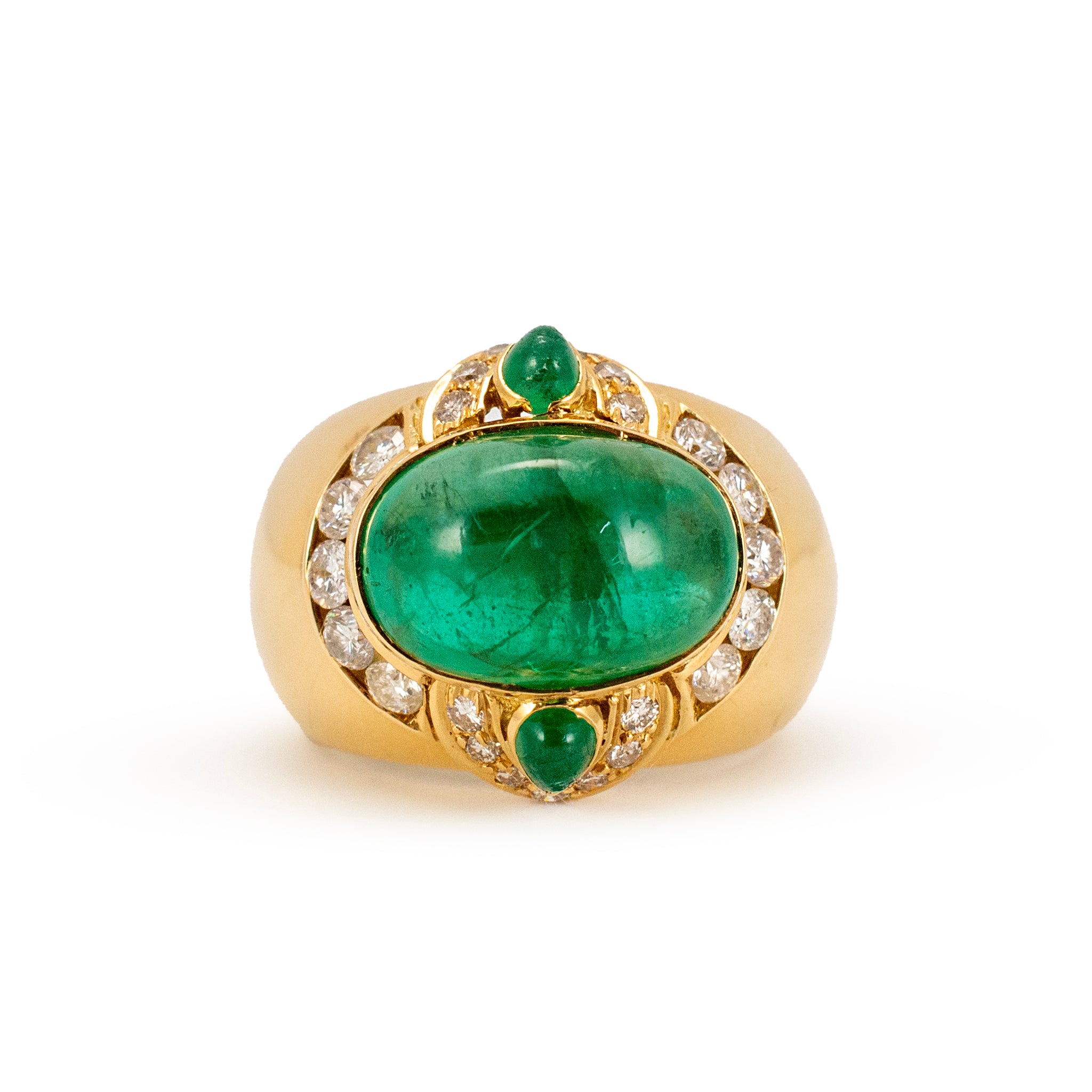 Vintage 18K Gold 5.83ct Sugarloaf Cabochon Green Emerald Diamond Cocktail Ring