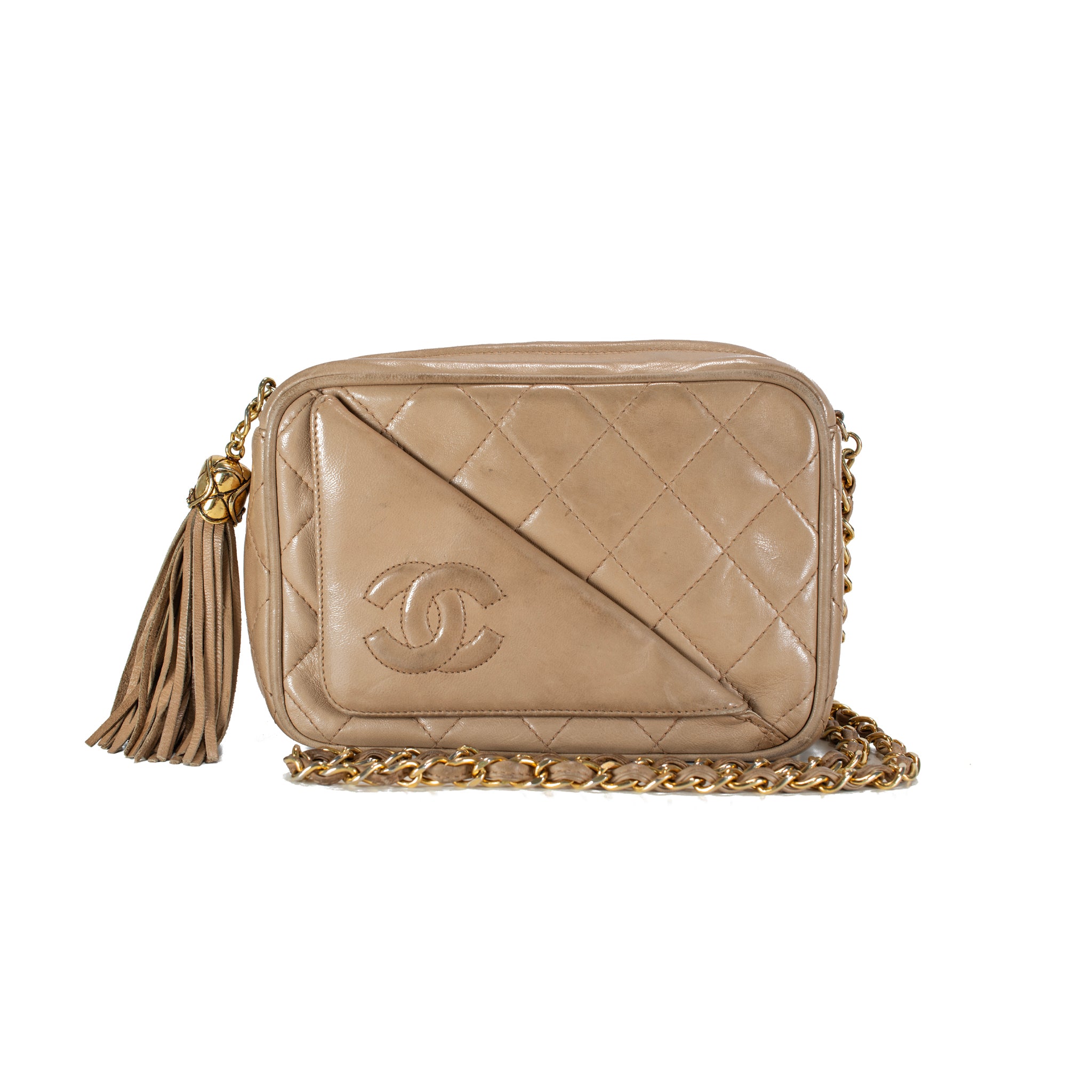 Vintage Chanel Quilted Beige Quilted Lambskin Leather Tassel Camera Bag