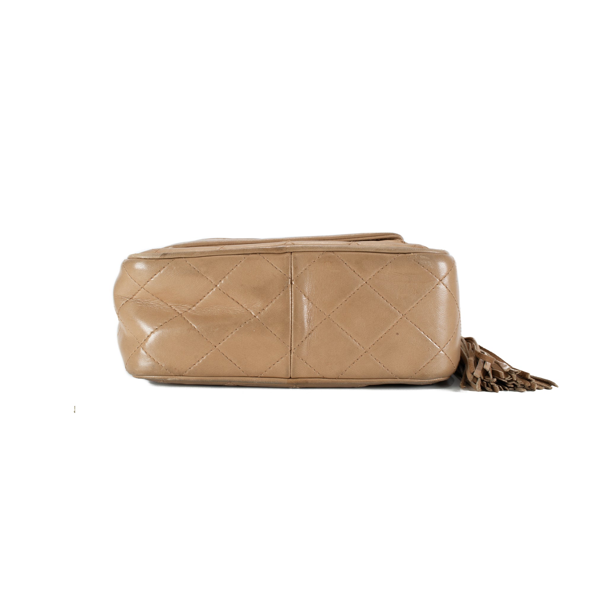 Vintage Chanel Quilted Beige Quilted Lambskin Leather Tassel Camera Bag