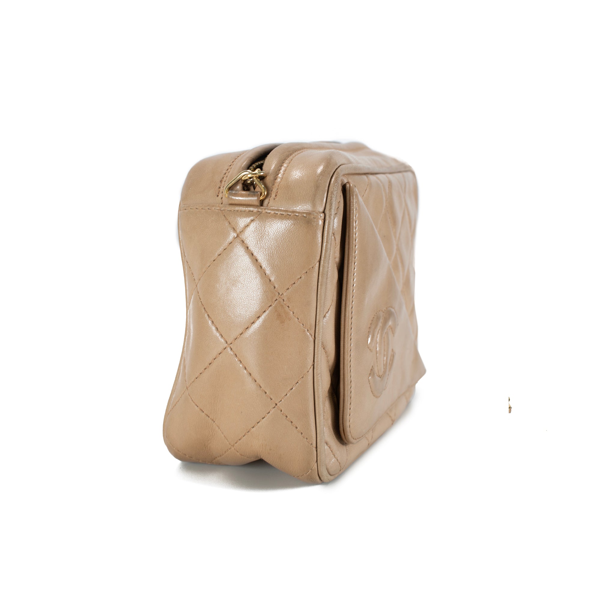 Vintage Chanel Quilted Beige Quilted Lambskin Leather Tassel Camera Bag