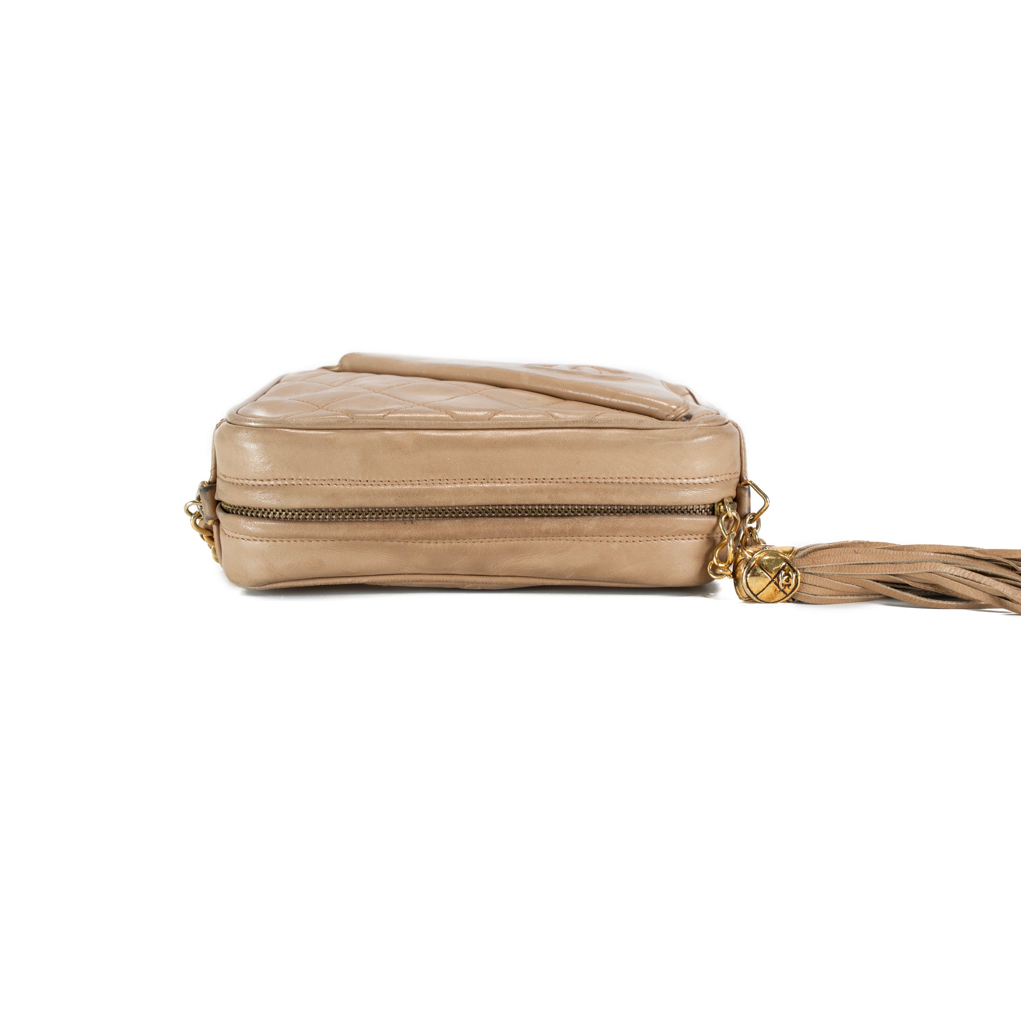 Vintage Chanel Quilted Beige Quilted Lambskin Leather Tassel Camera Bag