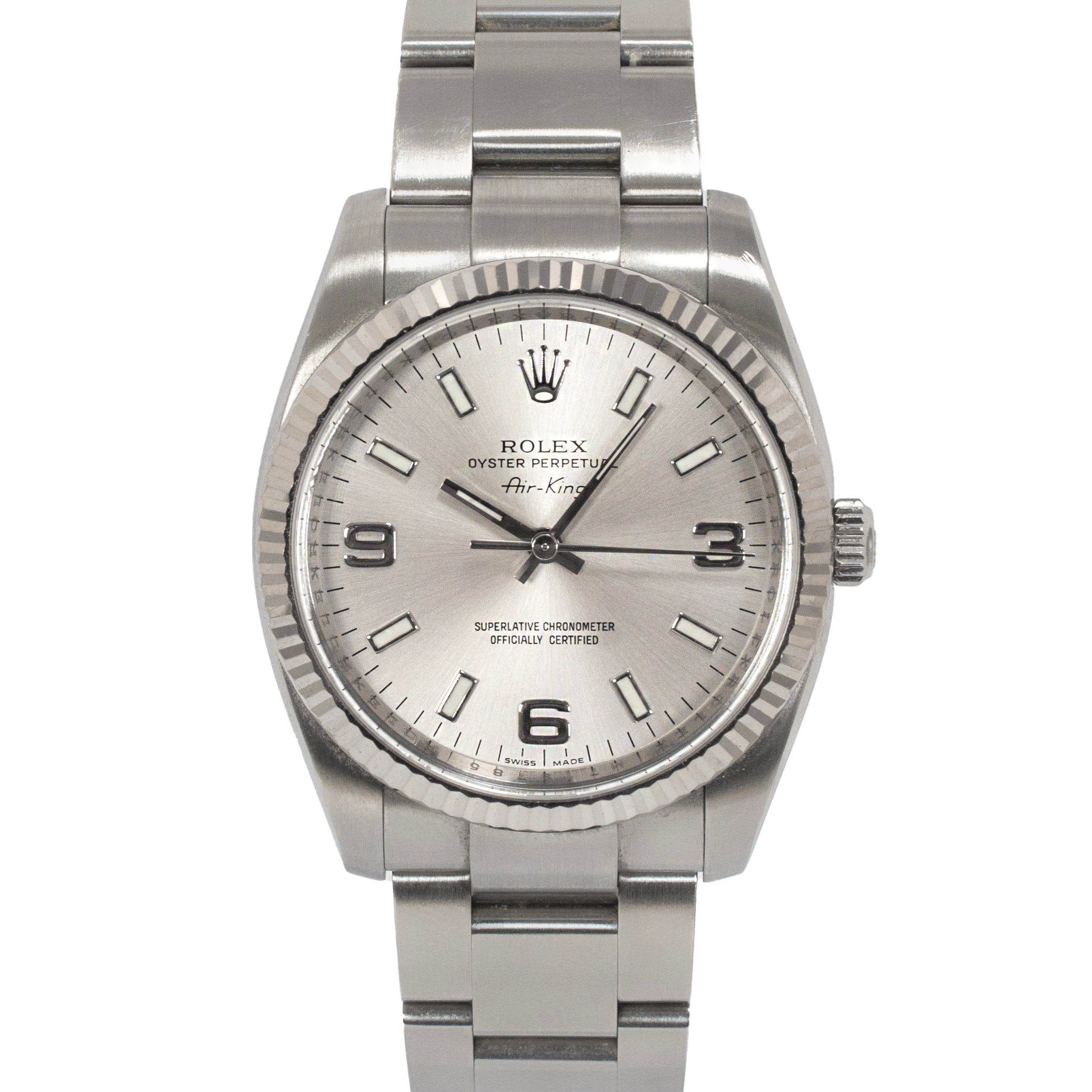 2007 Rolex Air King 34MM 114234 Silver Dial Fluted Oyster Stainless Steel Watch