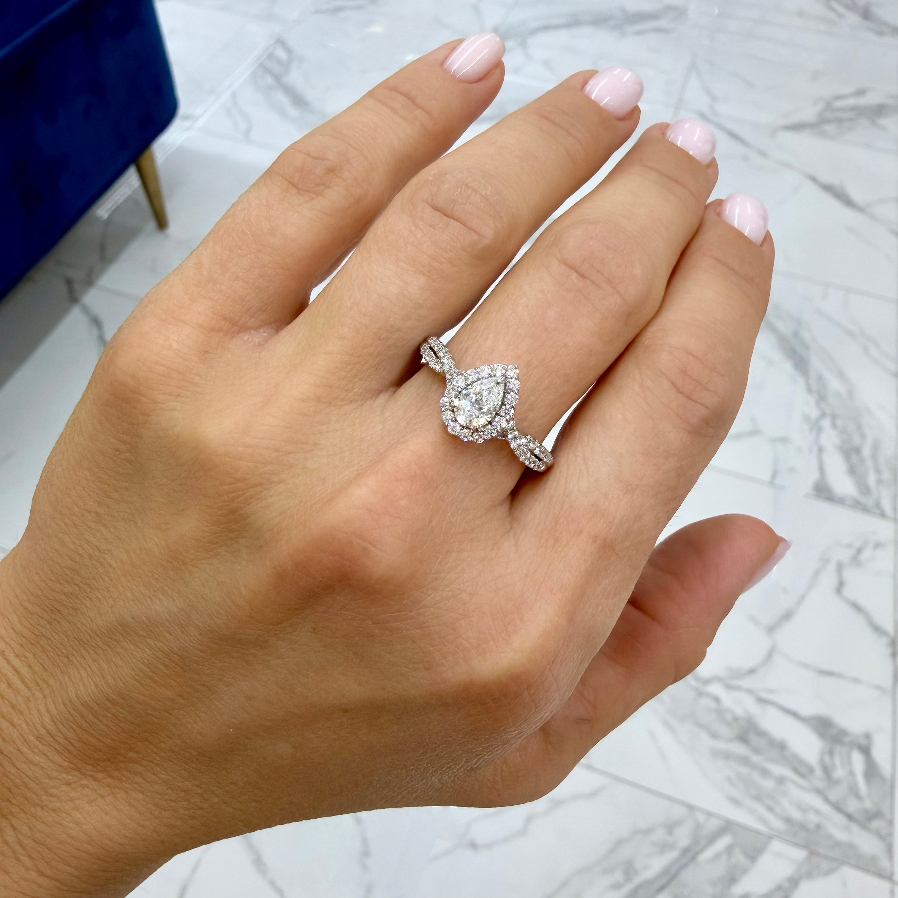 14K White Gold 1.10ct Pear Shape Cut Lab Grown Diamond Halo Engagement Ring