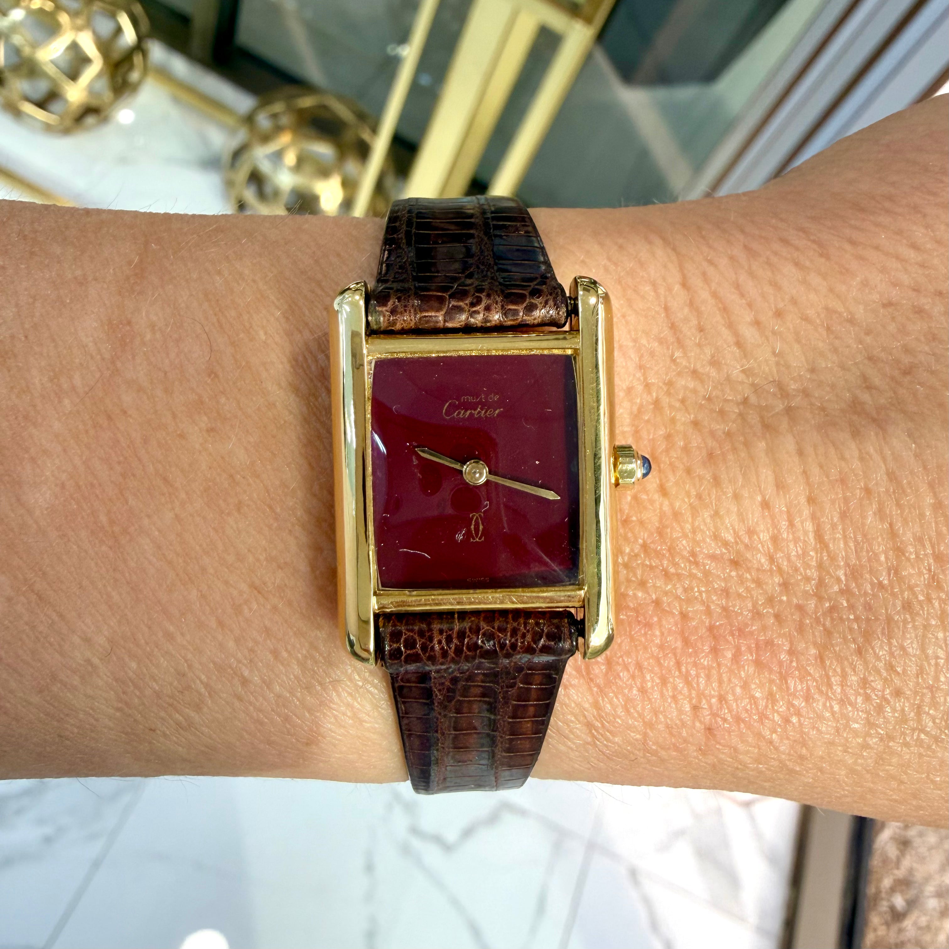 Vintage Ladies Cartier Tank Vermeil 21MM 366001 Bordeaux 925 Gold Plaque Watch