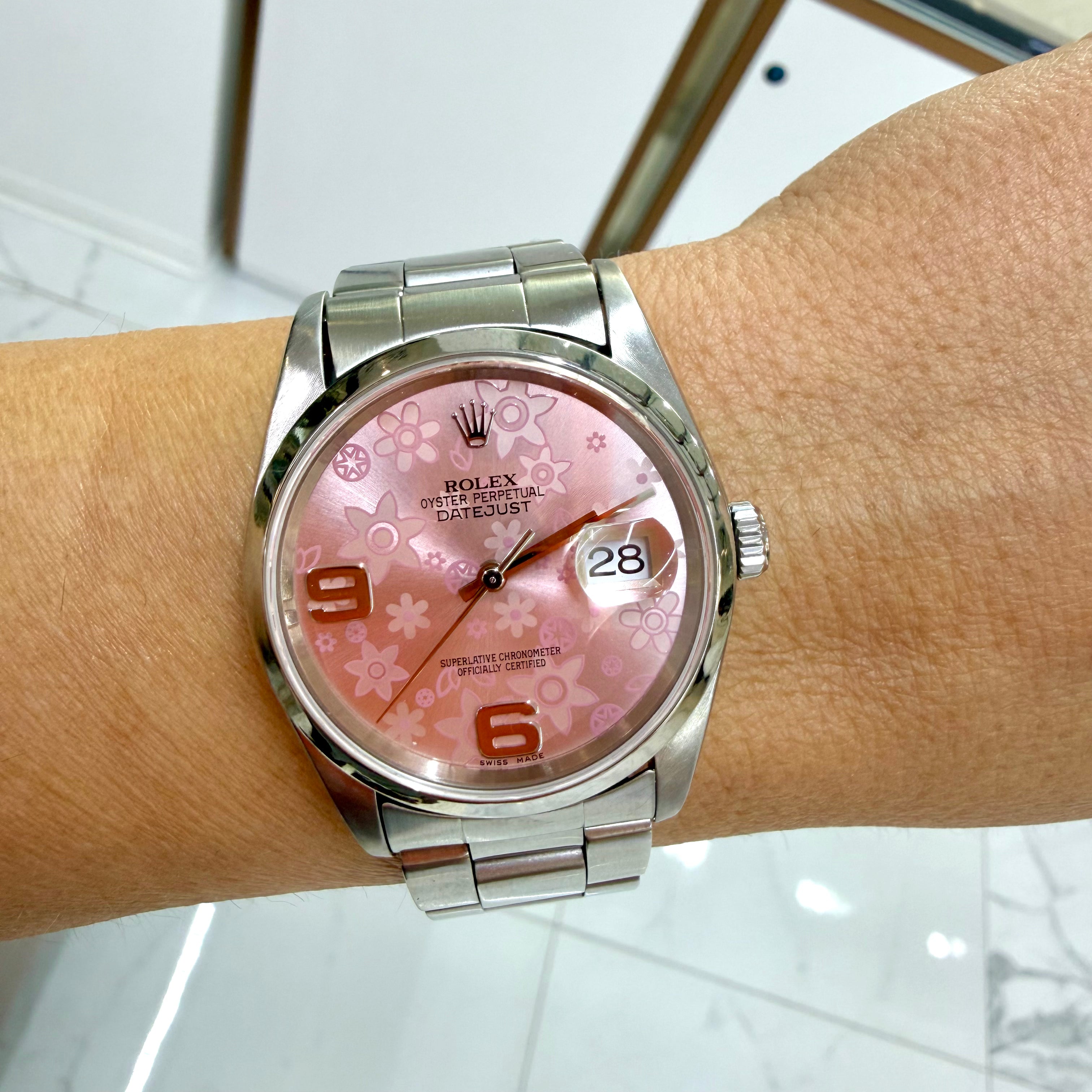 Ladies Rolex Datejust 36MM 16200 Pink Floral Dial Oyster Stainless Steel Watch