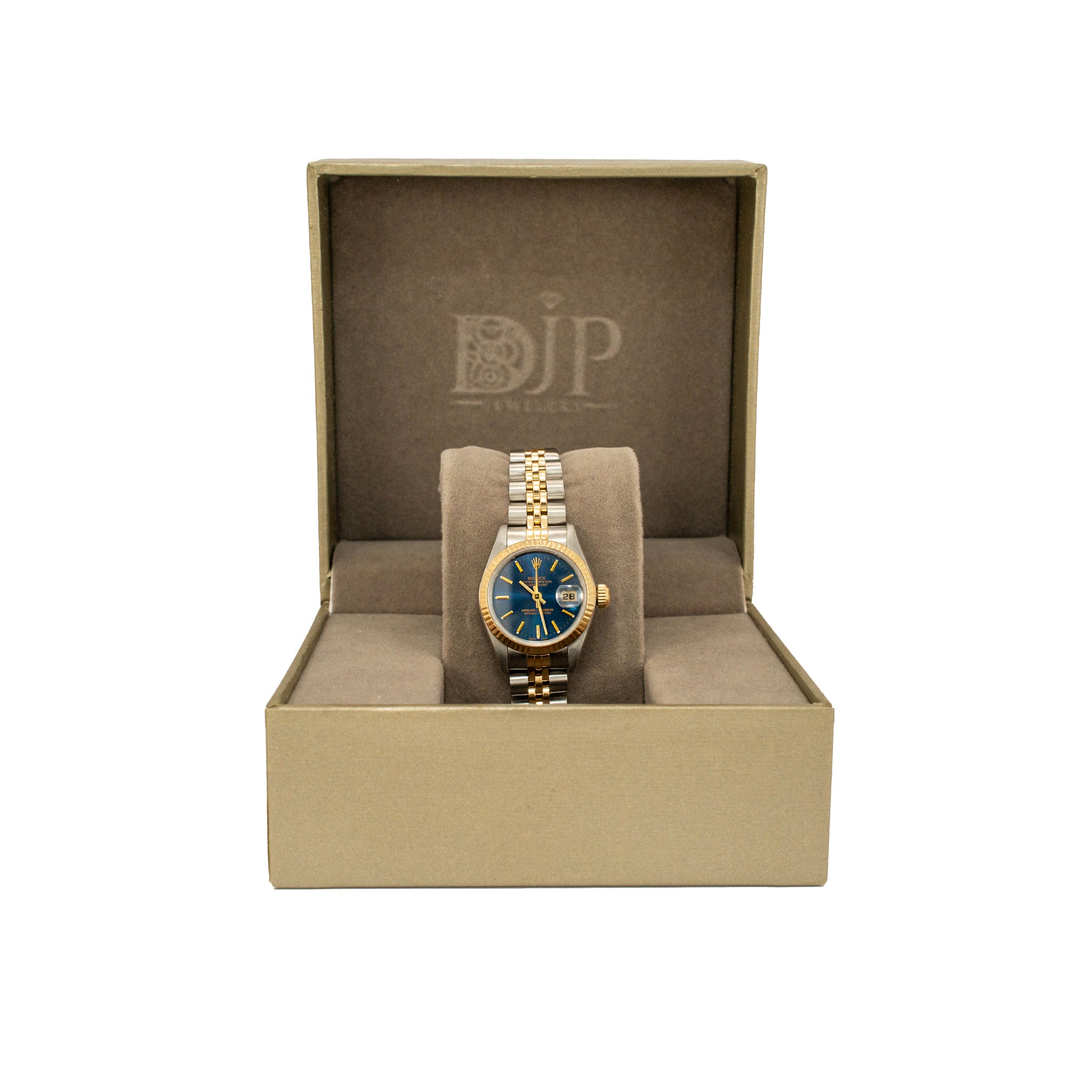 Rolex Ladies Datejust 26MM 69173 Blue Dial Fluted Jubilee 18K Gold Steel Watch