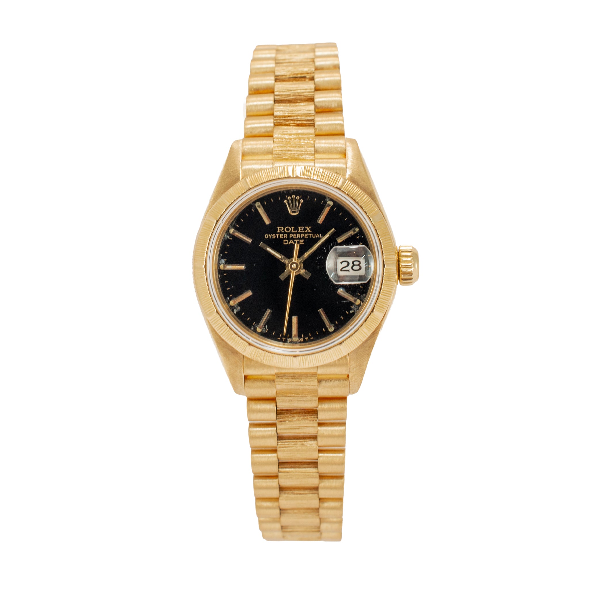 Ladies Vintage Rolex Datejust 26MM 69278 18K Gold Bark Black President Watch