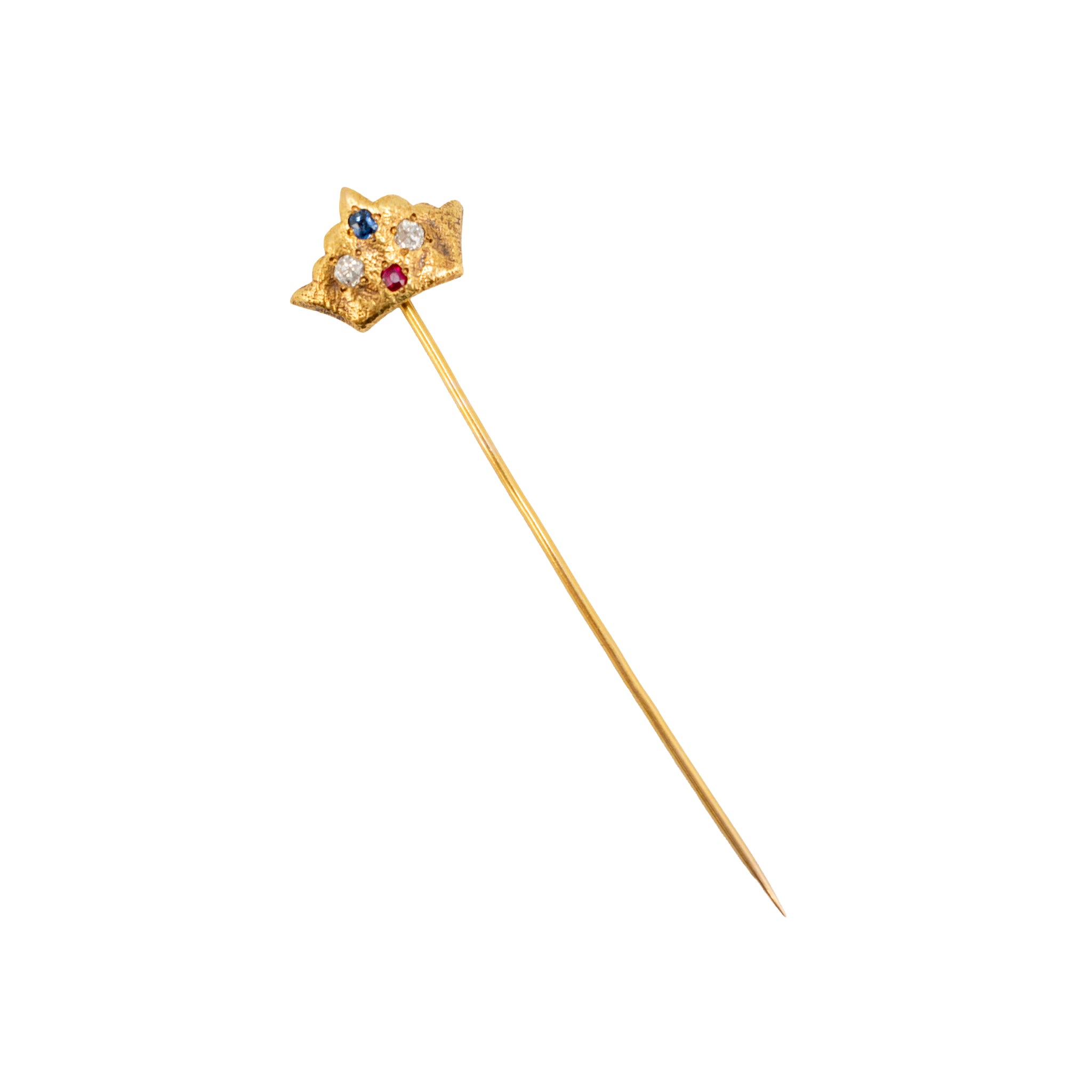 Antique Victorian 18K Yellow Gold Sapphire Ruby Diamond Royal Crown Pin