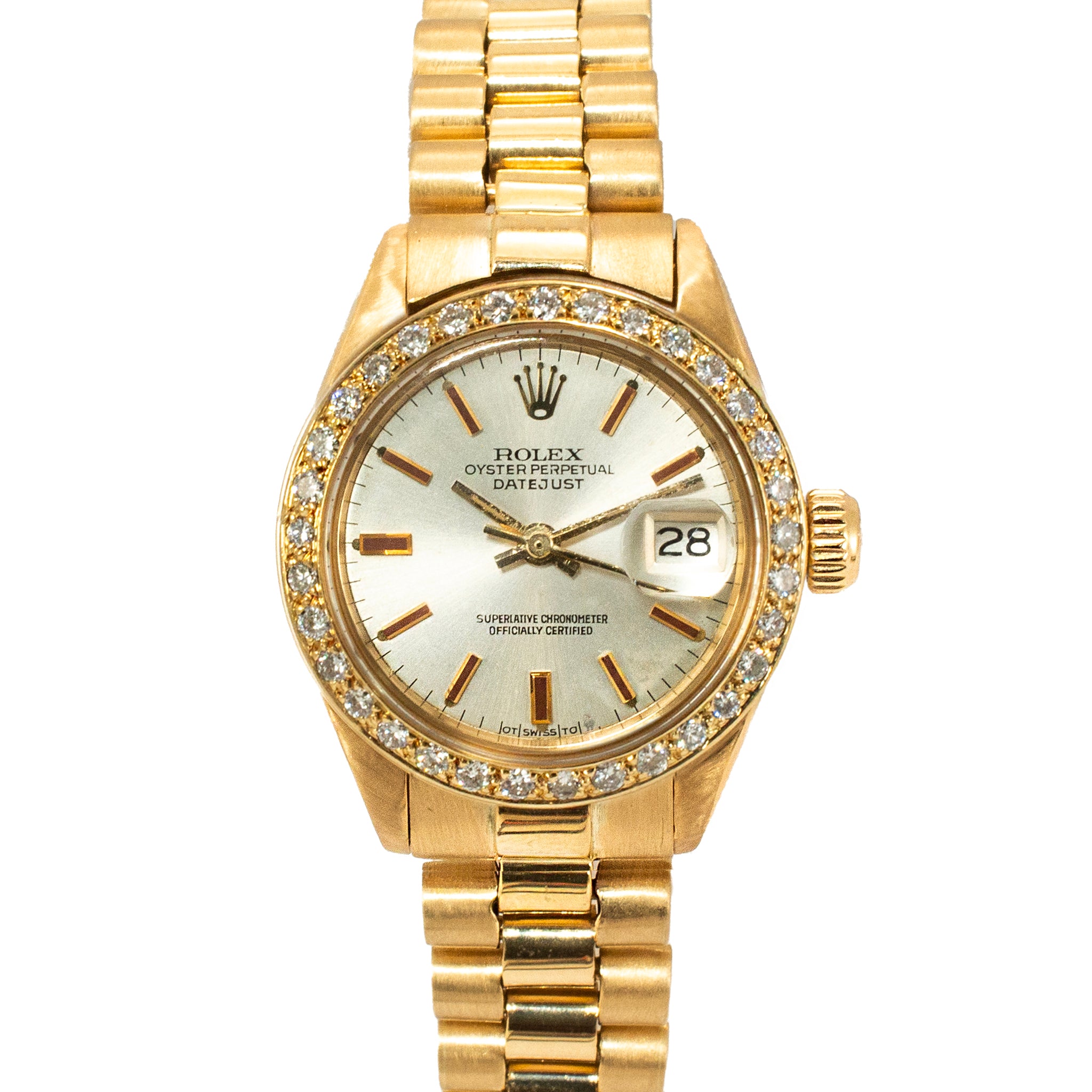 Ladies Rolex Datejust 26MM 6917 Silver Diamond Bezel President 18K Gold Watch