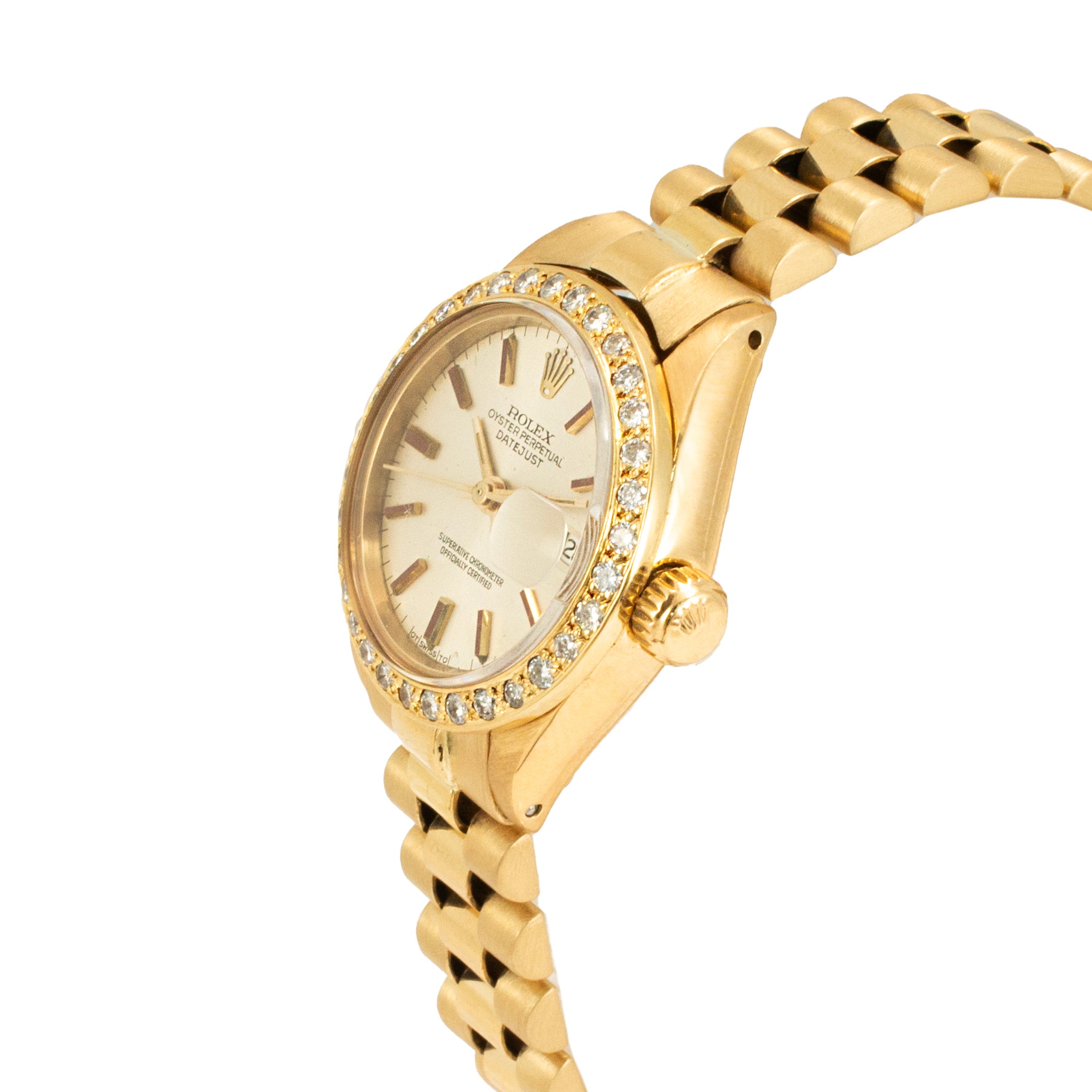 Ladies Rolex Datejust 26MM 6917 Silver Diamond Bezel President 18K Gold Watch