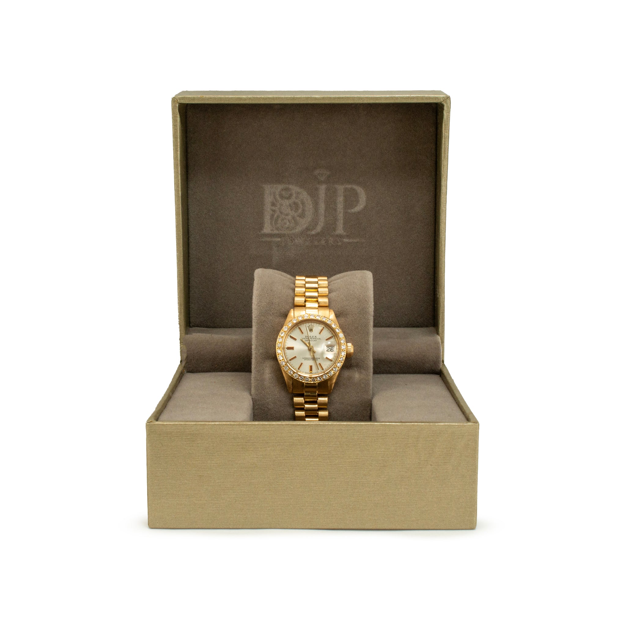 Ladies Rolex Datejust 26MM 6917 Silver Diamond Bezel President 18K Gold Watch