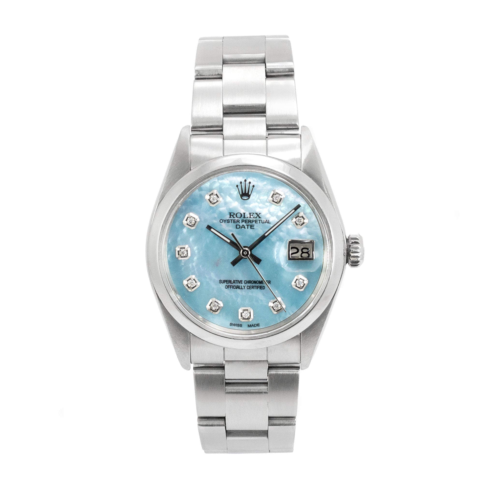 Rolex Oyster Perpetual Date 34MM 1501 Mop Diamond Dial Oyster Steel Watch