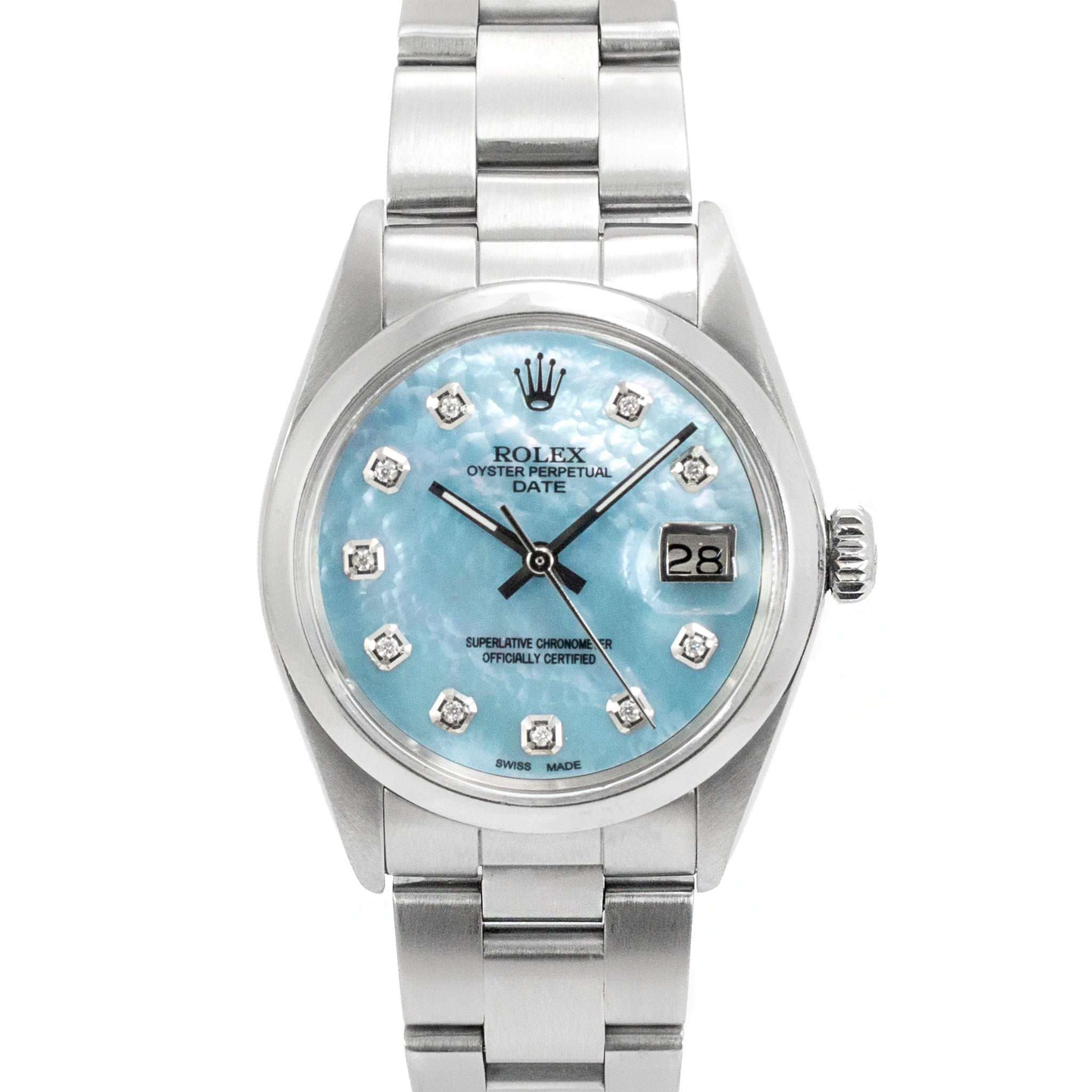 Rolex Oyster Perpetual Date 34MM 1501 Mop Diamond Dial Oyster Steel Watch