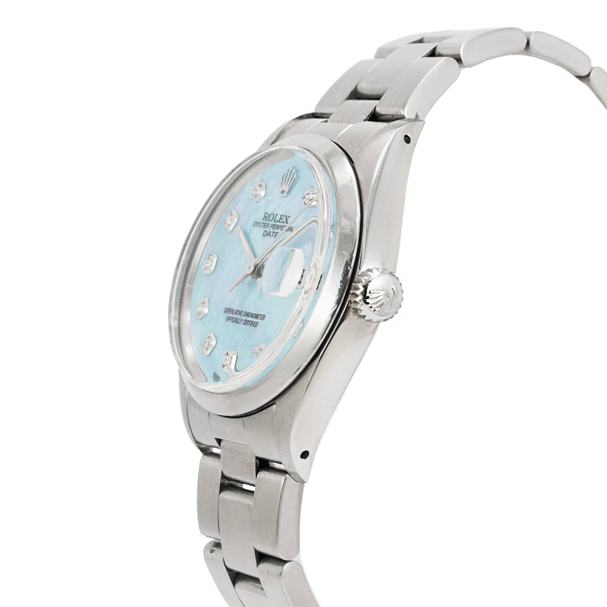 Rolex Oyster Perpetual Date 34MM 1501 Mop Diamond Dial Oyster Steel Watch