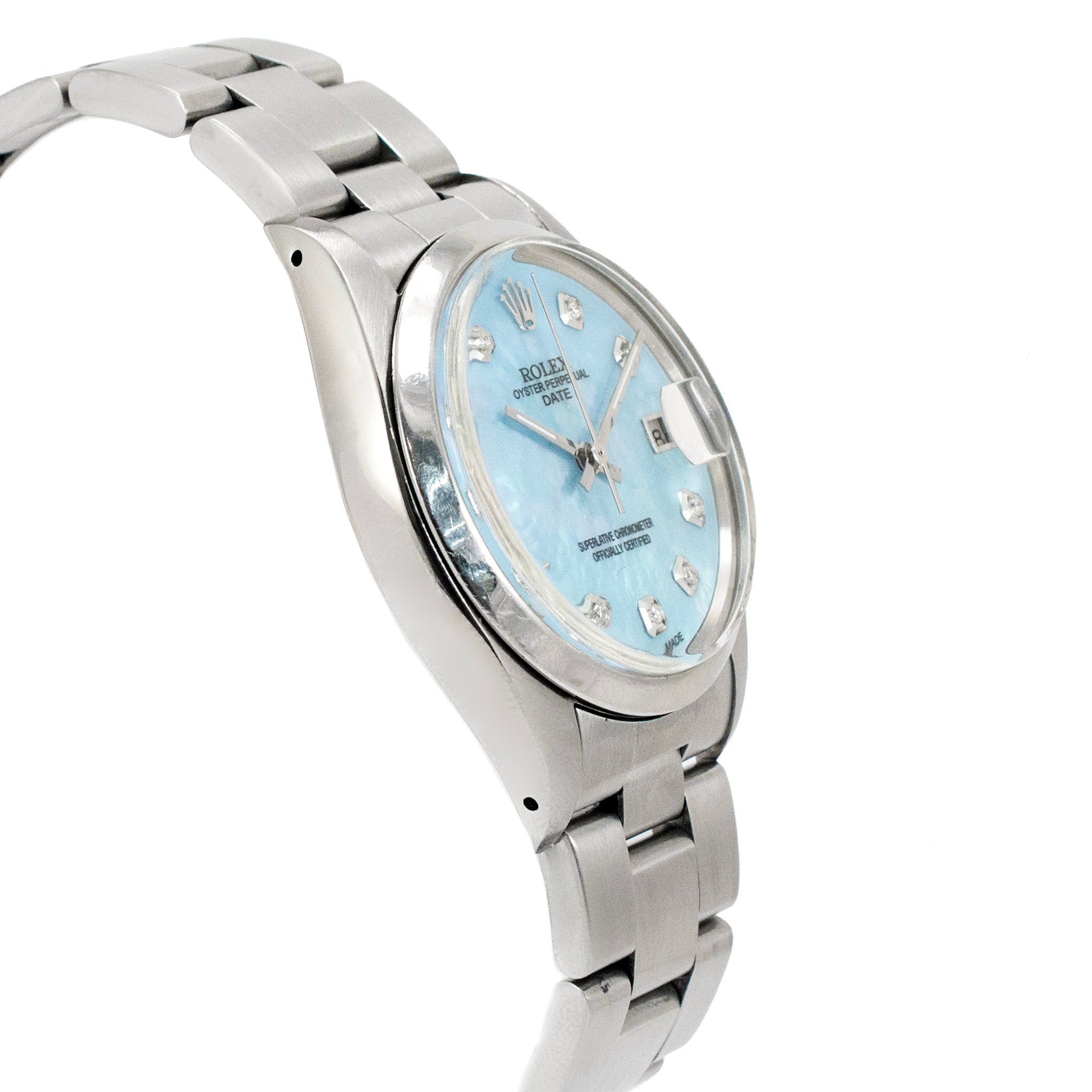 Rolex Oyster Perpetual Date 34MM 1501 Mop Diamond Dial Oyster Steel Watch