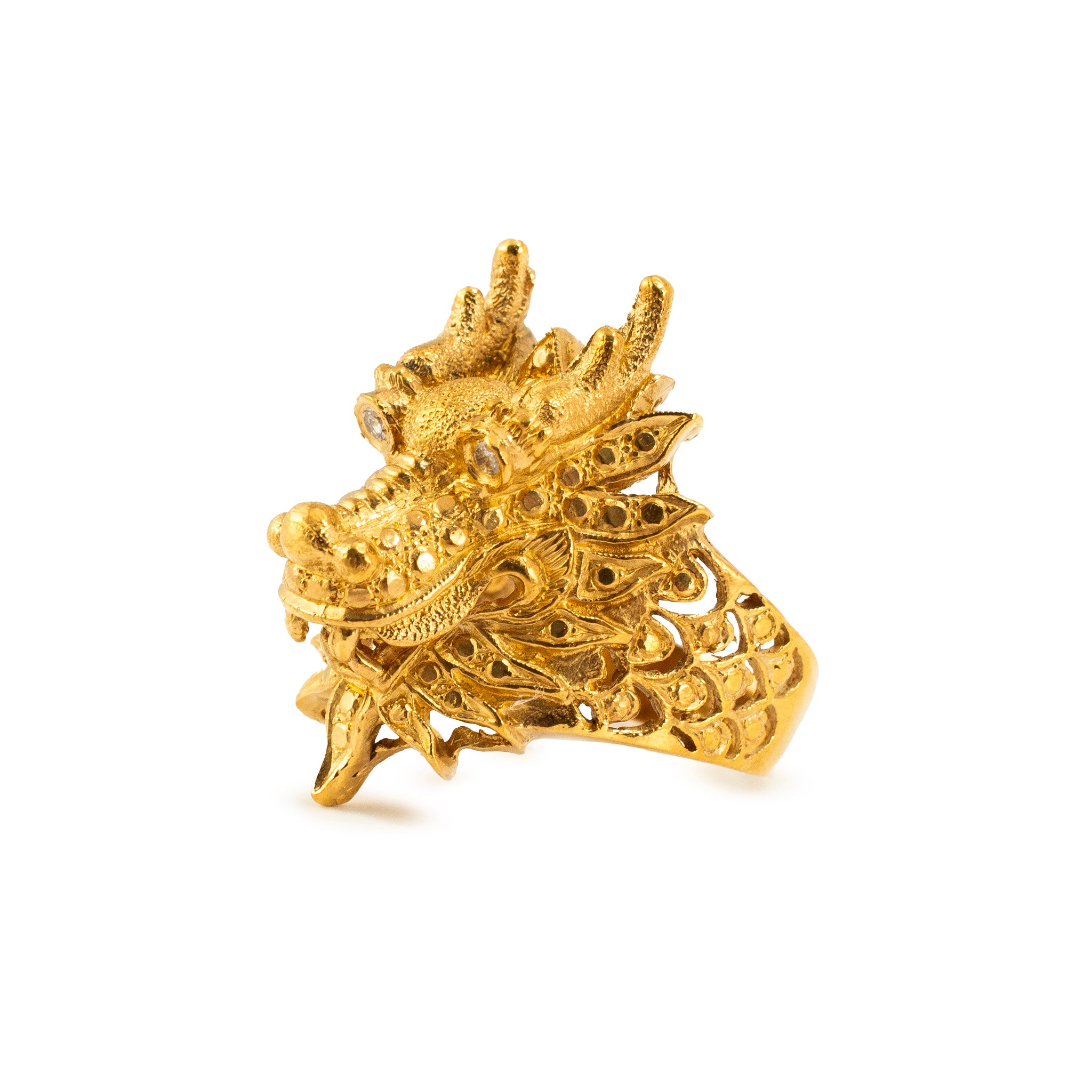 Vintage Solid 24K Gold 9999 Diamond Eyes Carved Dragon Head Cocktail Ring