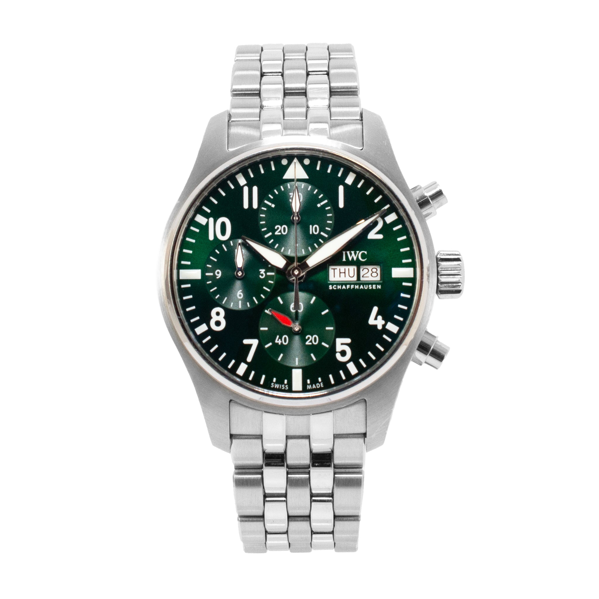 IWC Pilot Chronograph 41MM IW388104 Day Date Green Dial Steel Automatic Watch