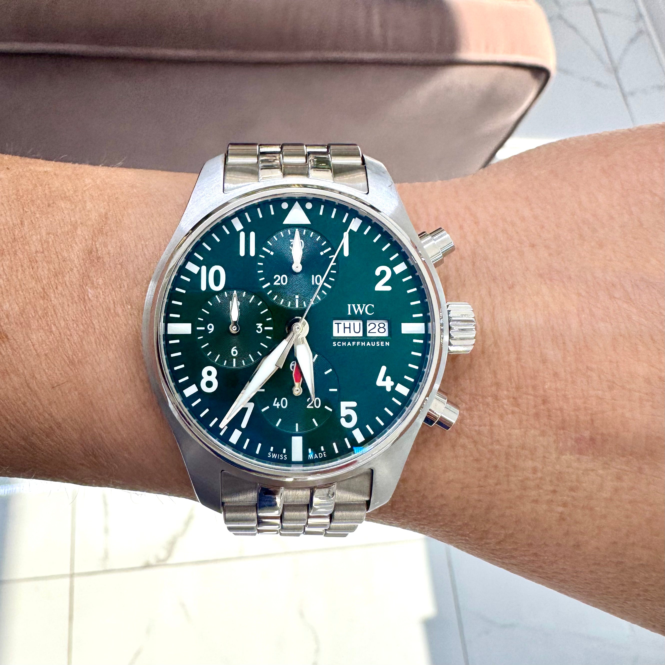 IWC Pilot Chronograph 41MM IW388104 Day Date Green Dial Steel Automatic Watch