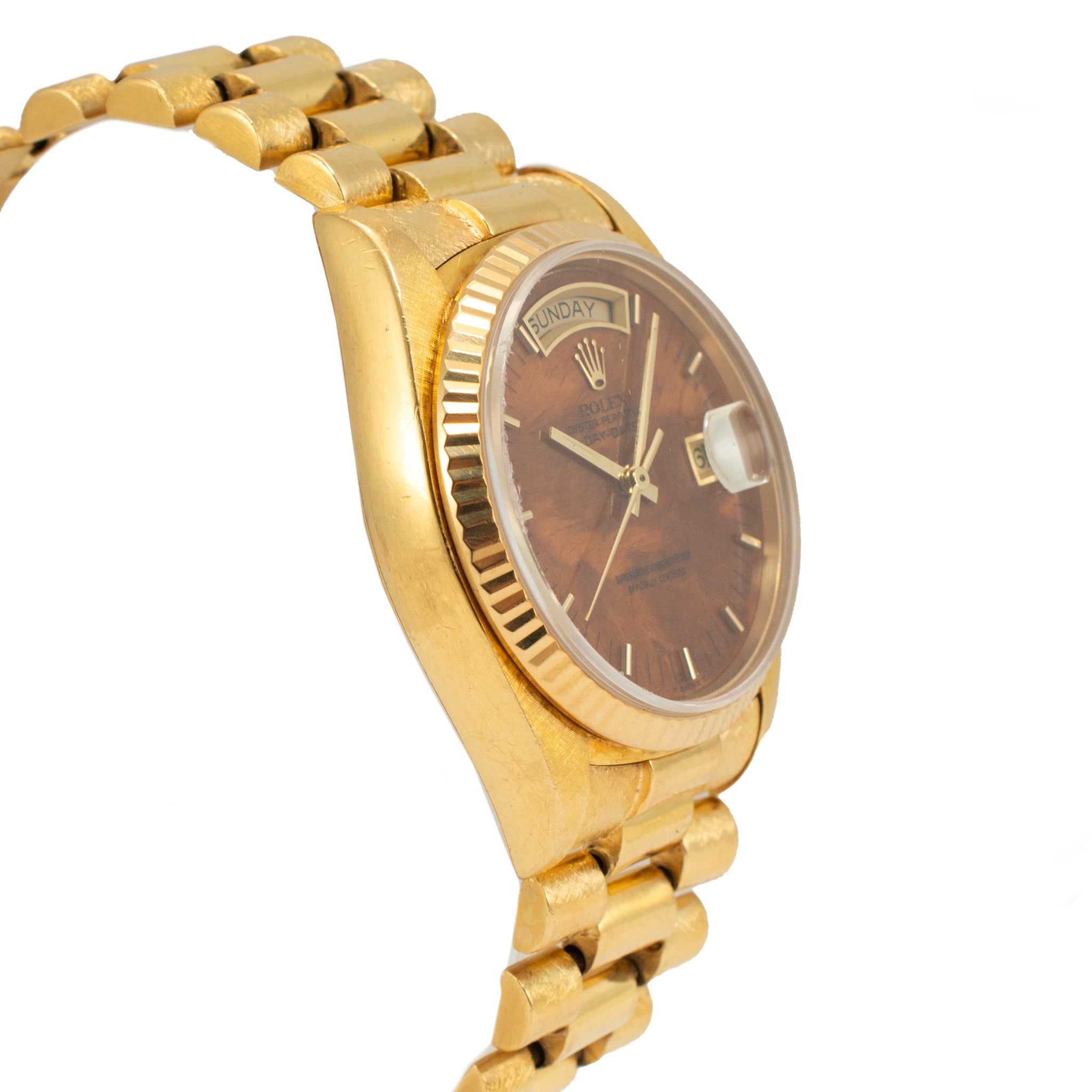 Vintage Rolex Day Date 36MM 18038 Walnut Birch Wood Dial Bark 18K Gold Watch