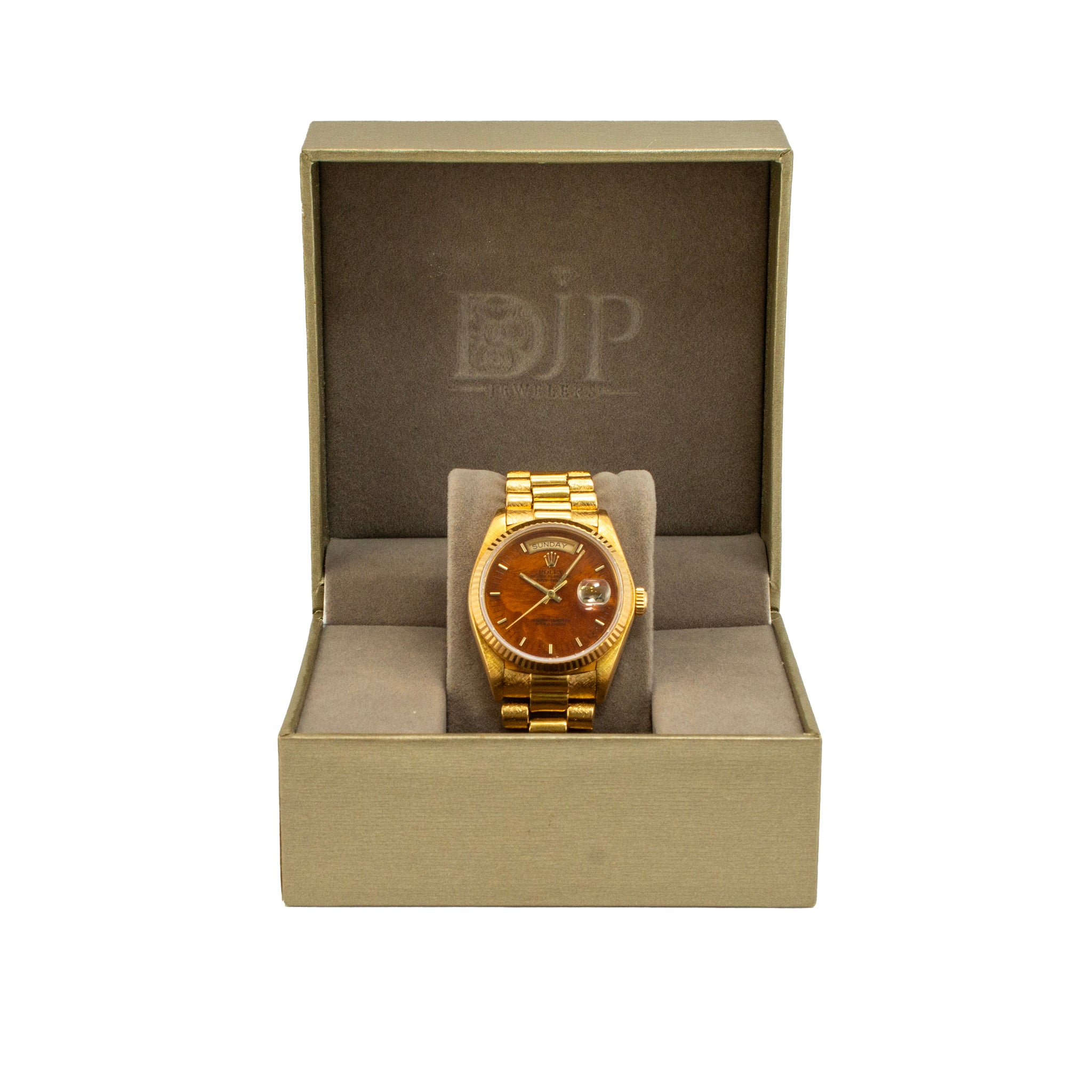 Vintage Rolex Day Date 36MM 18038 Walnut Birch Wood Dial Bark 18K Gold Watch