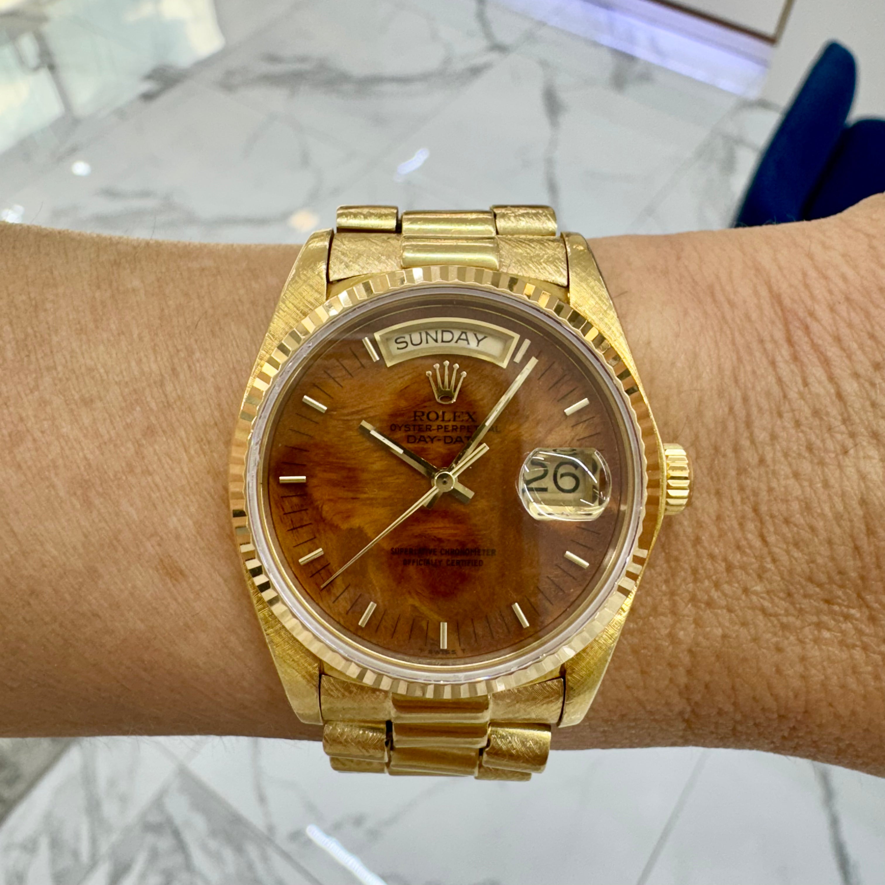 Vintage Rolex Day Date 36MM 18038 Walnut Birch Wood Dial Bark 18K Gold Watch