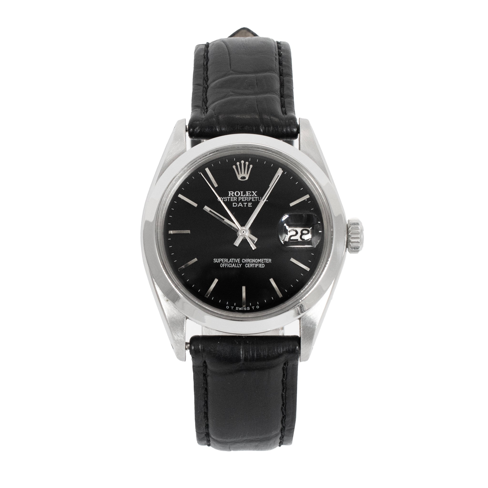 Vintage 1970 Rolex Oyster Perpetual Date 34MM 1501 Black Leather Steel Watch