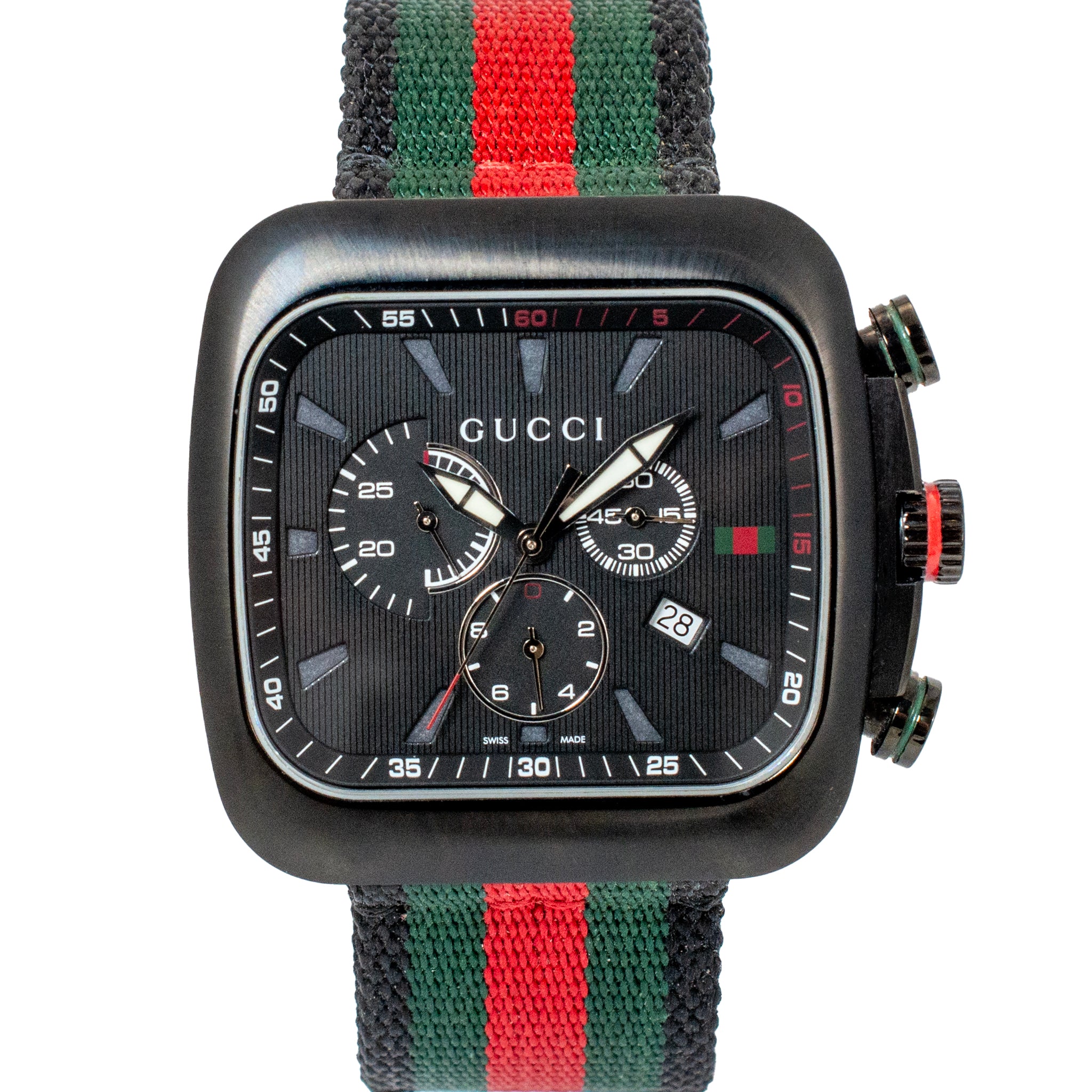 Gucci Coupe 44MM 131.2 YA131202 Chronograph Square Black Dial Red Quartz Watch