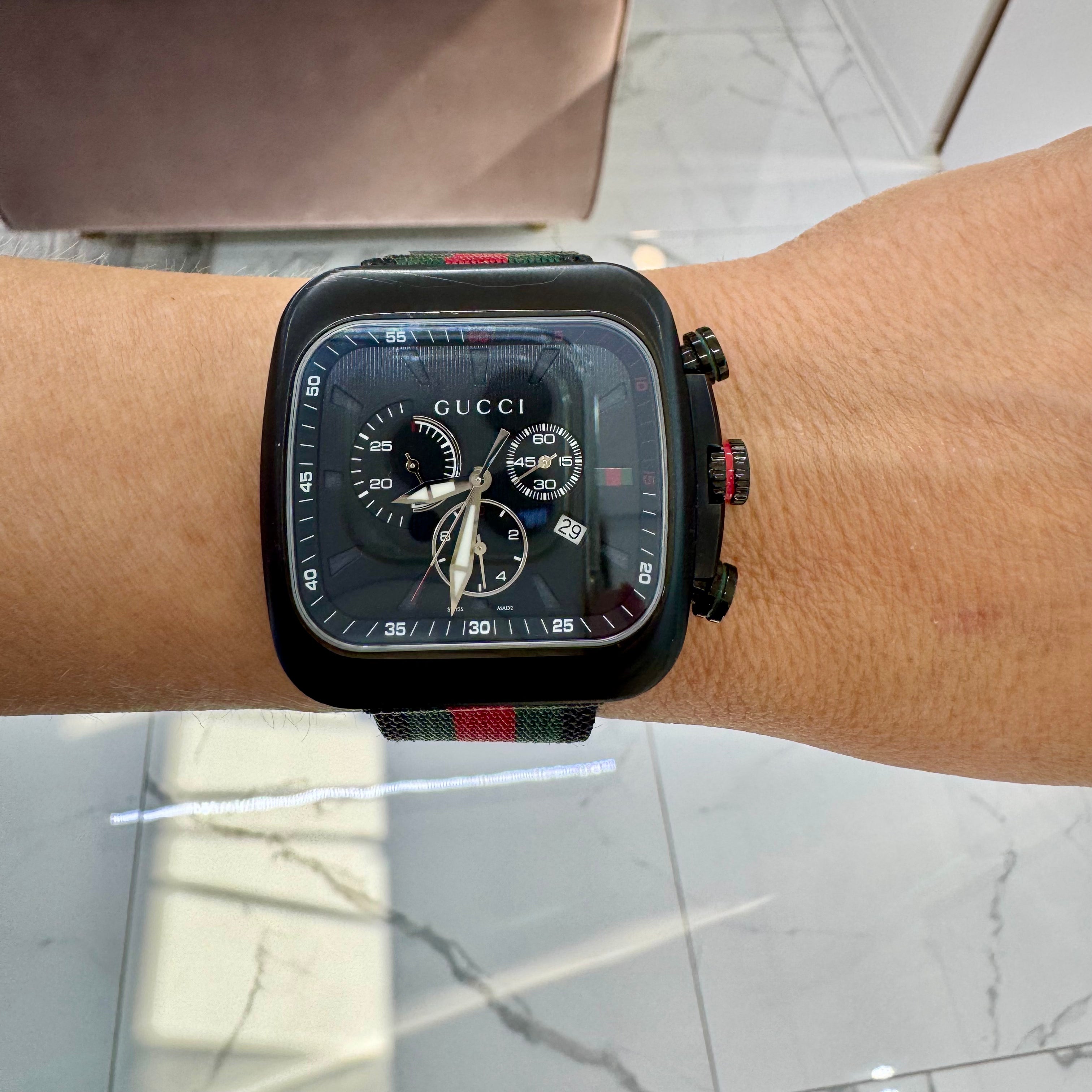 Gucci Coupe 44MM 131.2 YA131202 Chronograph Square Black Dial Red Quartz Watch