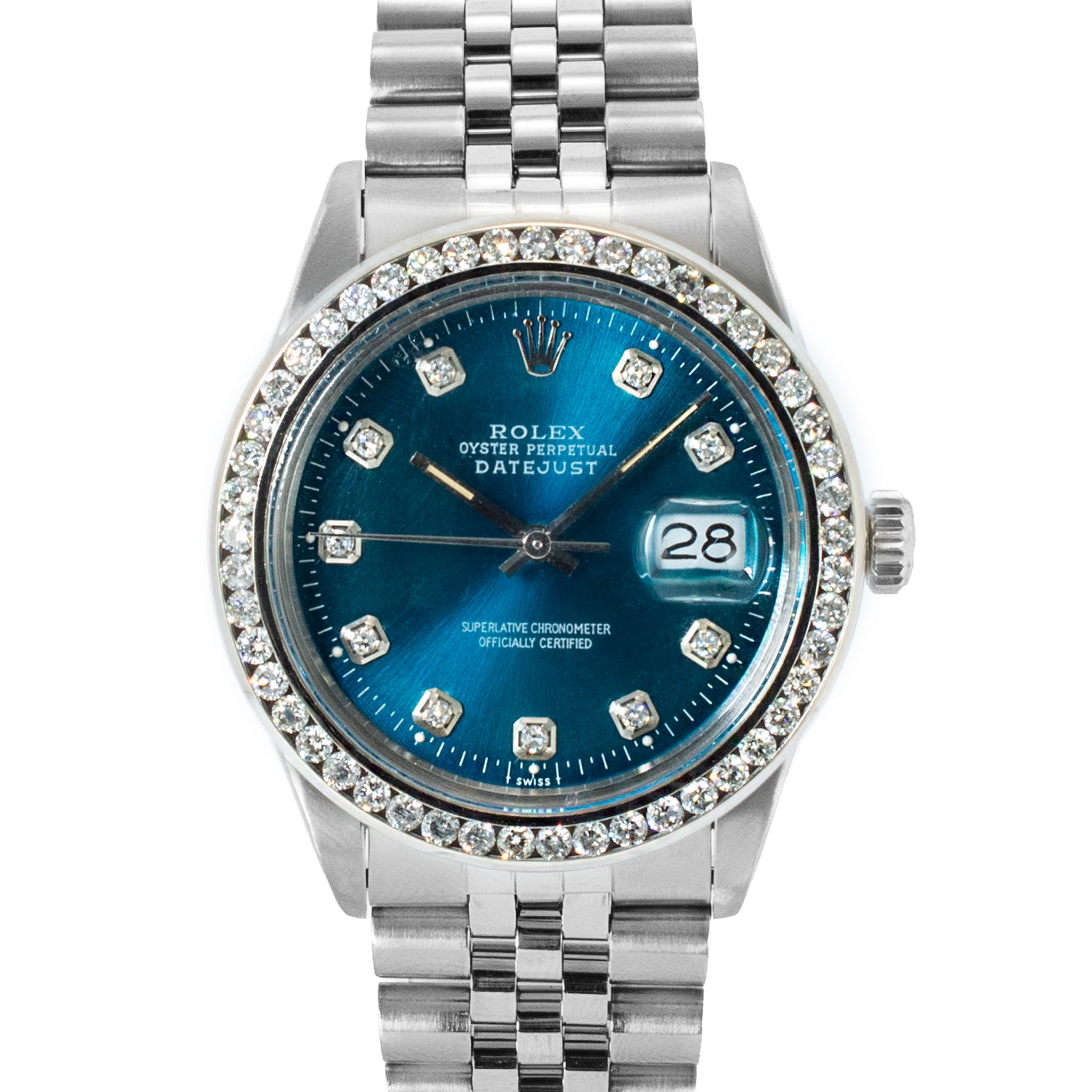 Ladies Rolex Datejust 36MM 16014 Diamond Bezel Blue Dial Jubilee Steel Watch