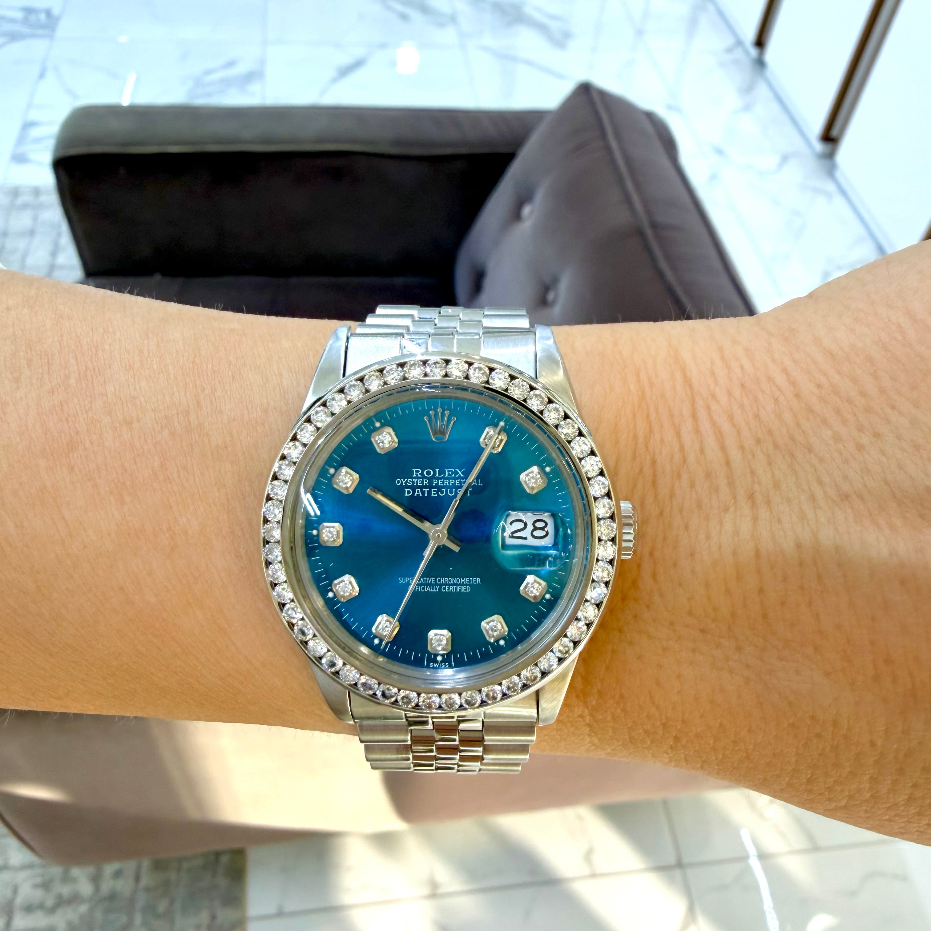 Ladies Rolex Datejust 36MM 16014 Diamond Bezel Blue Dial Jubilee Steel Watch