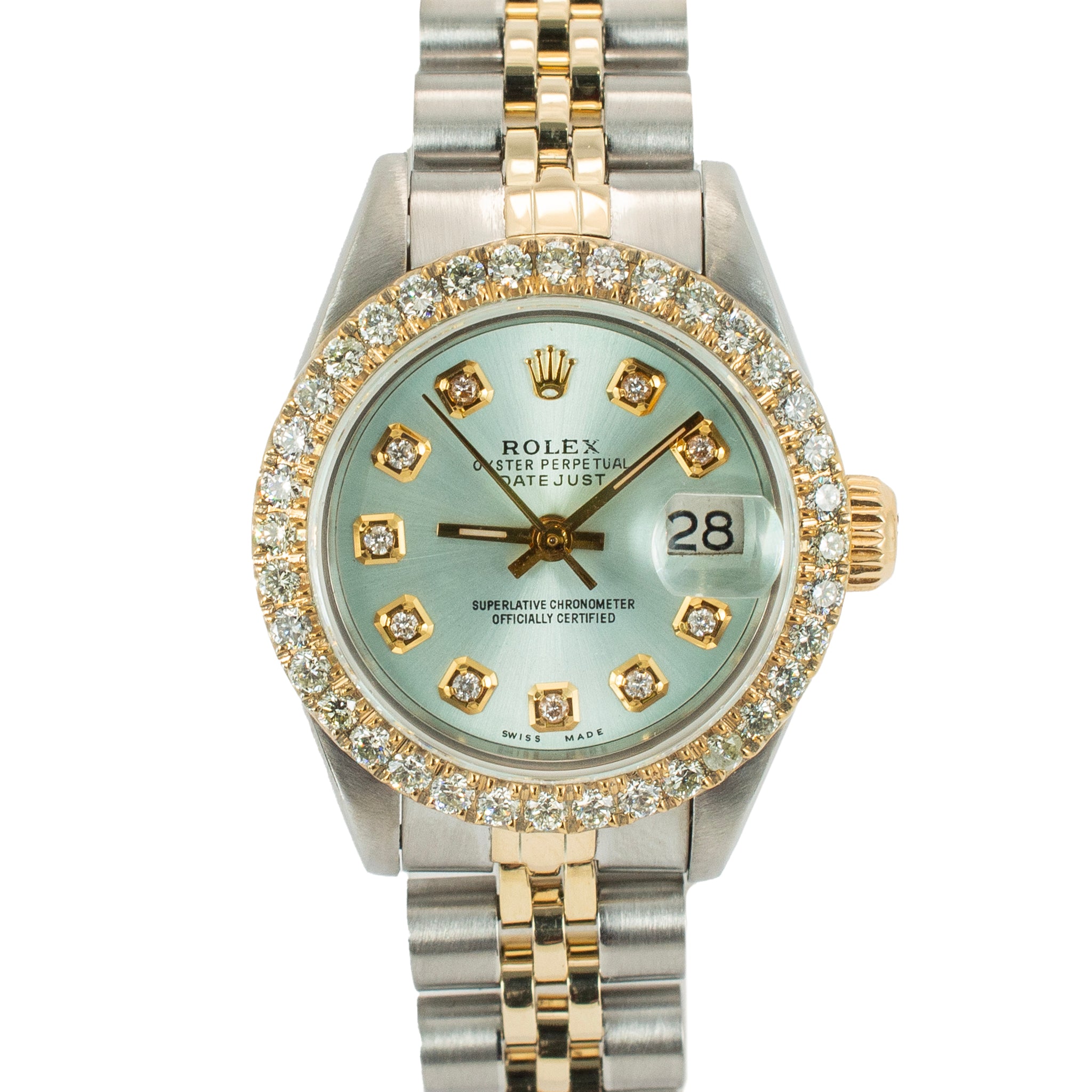 Rolex Ladies Datejust 26mm 69173 Mop Dial Diamond Bezel Jubilee Yellow Gold Steel Watch
