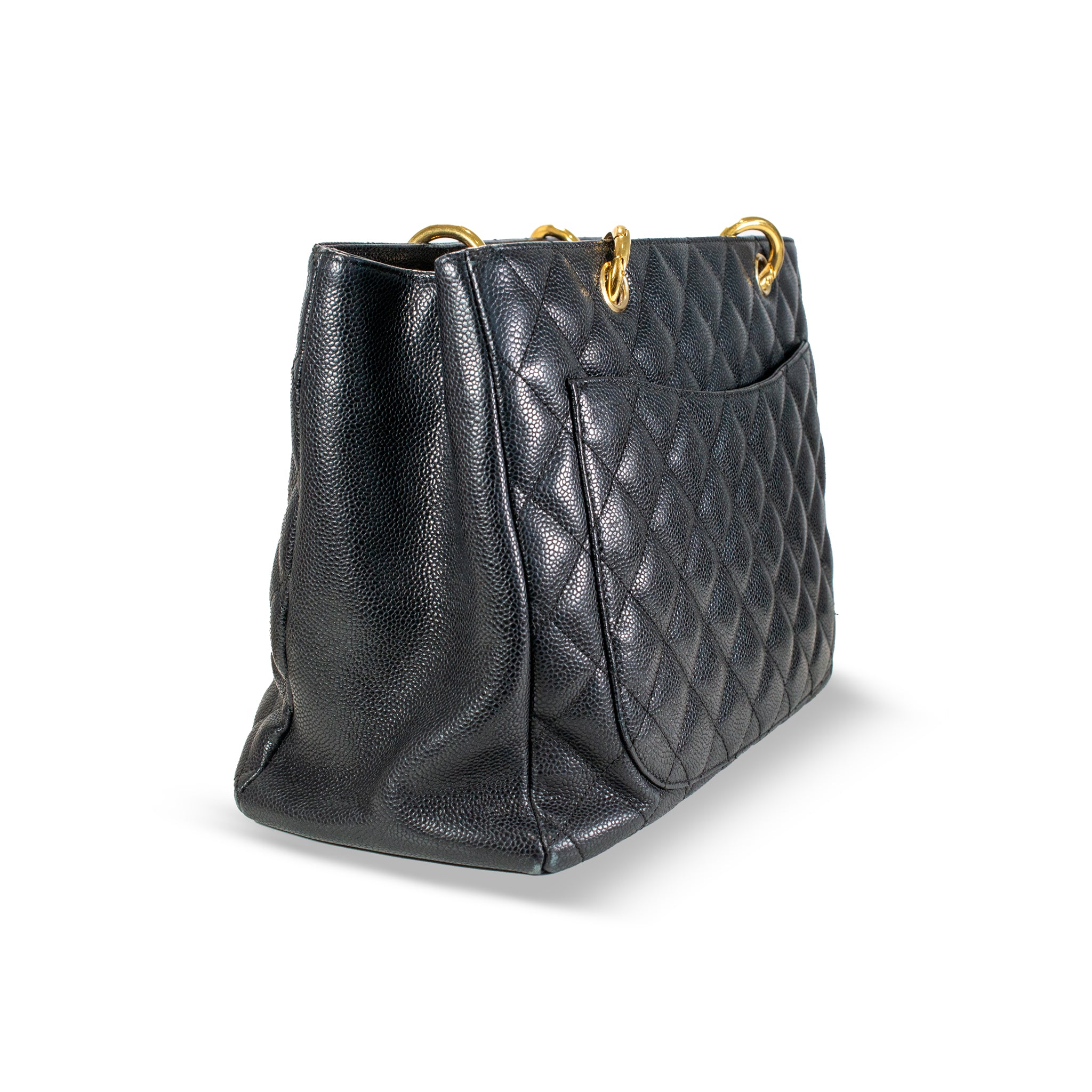 Chanel Grand Shopping GST Black Caviar Quilted Pattern Leather Tote Handbag