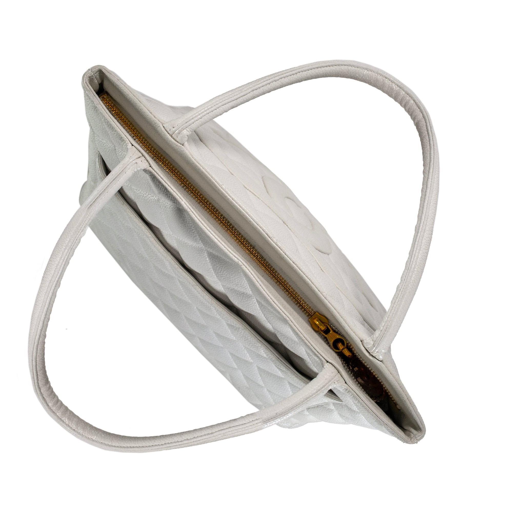 Vintage Chanel White Caviar Quilted Leather Medallion Tote Gold Hardware Handbag