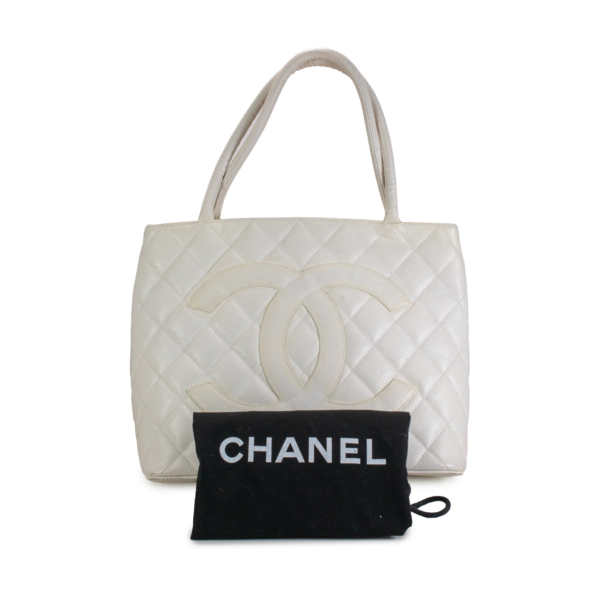 Vintage Chanel White Caviar Quilted Leather Medallion Tote Gold Hardware Handbag