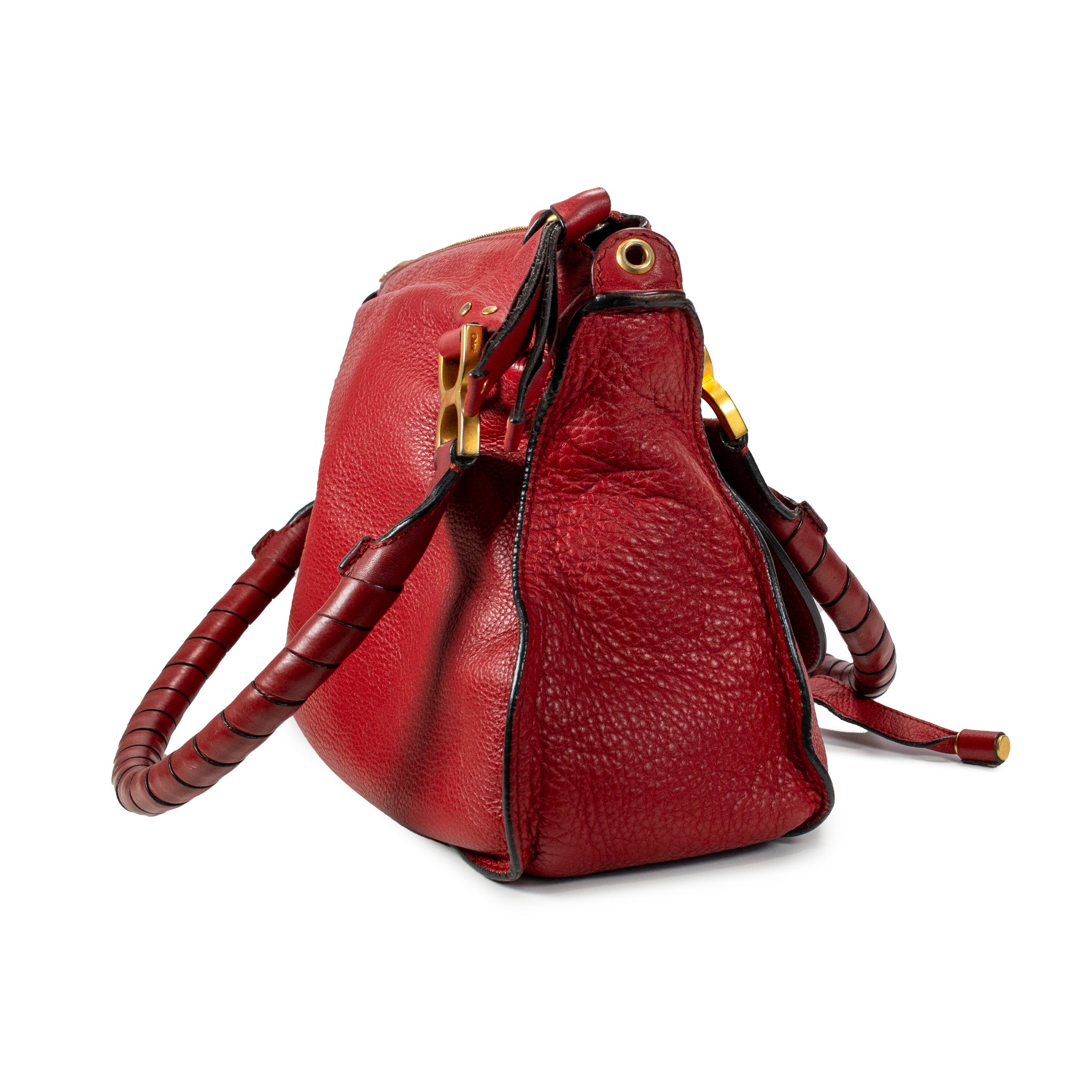 Chloé Marcie Red Pebbled Leather Gold Tone Hardware Satchel Top Handle Handbag