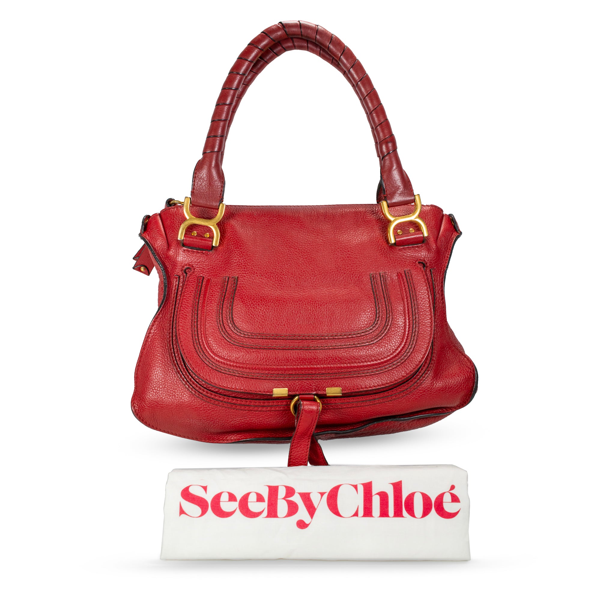 Chloé Marcie Red Pebbled Leather Gold Tone Hardware Satchel Top Handle Handbag