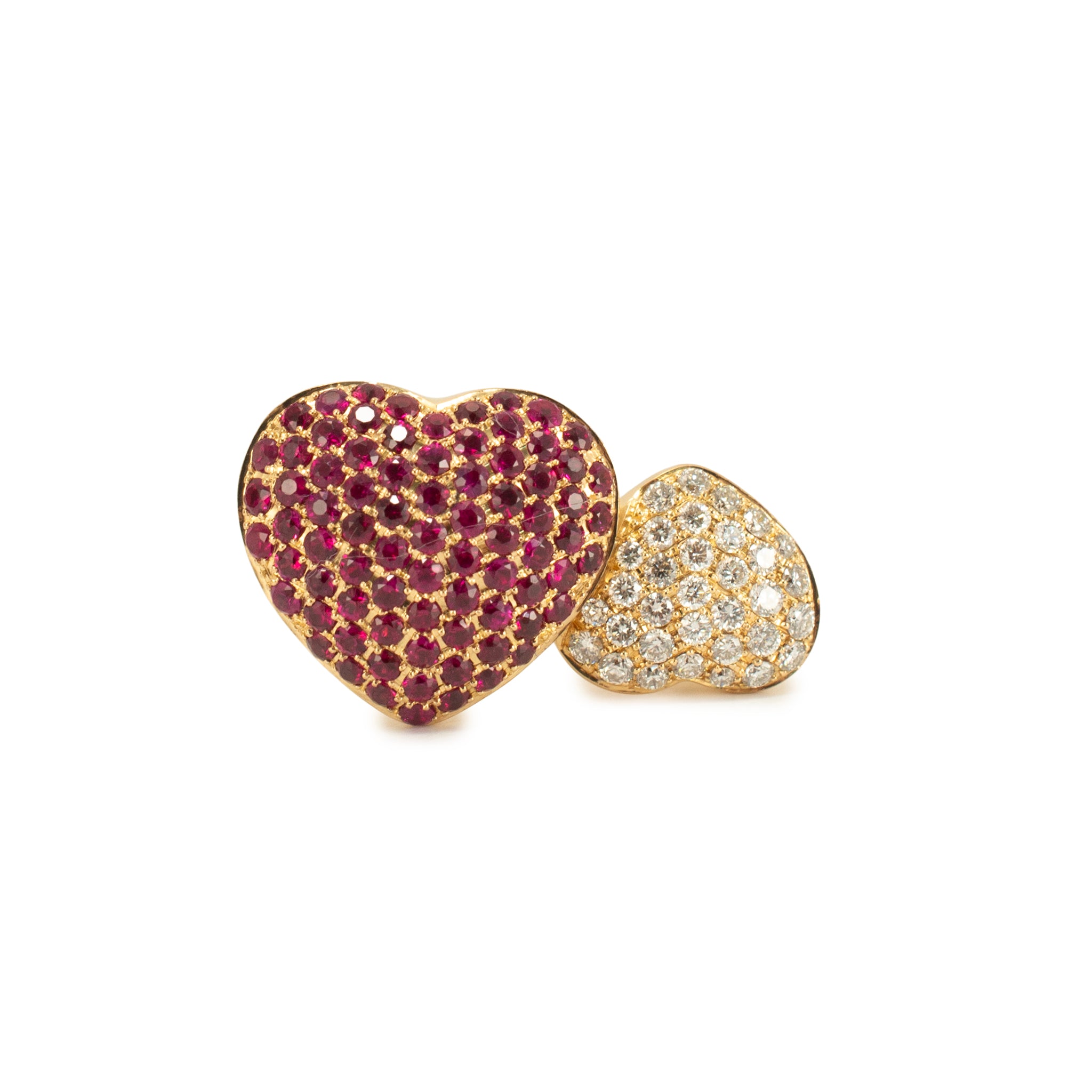 Leo Pizzo 18K Yellow Gold Amore Love Diamond Ruby Double Heart Cocktail Ring