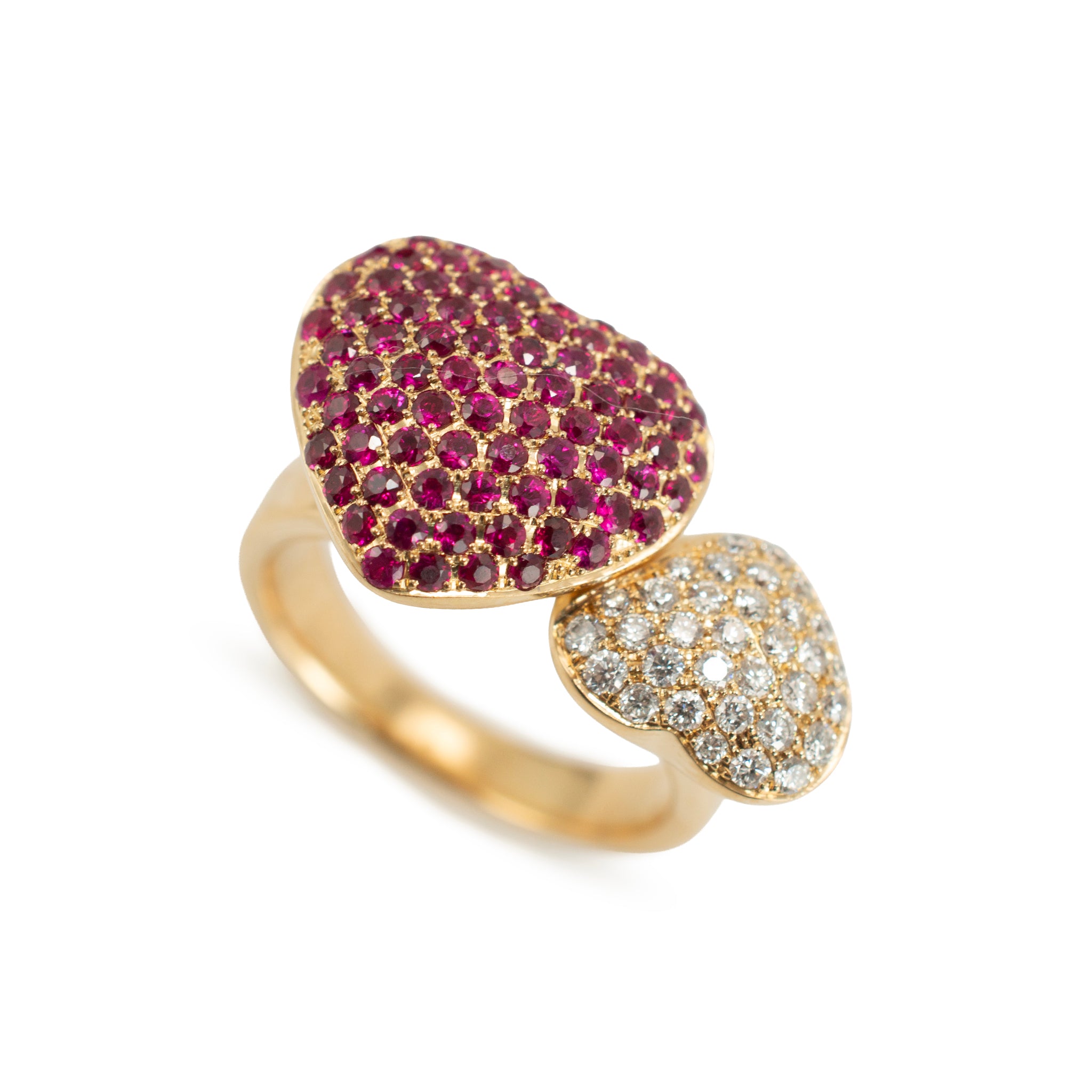 Leo Pizzo 18K Yellow Gold Amore Love Diamond Ruby Double Heart Cocktail Ring