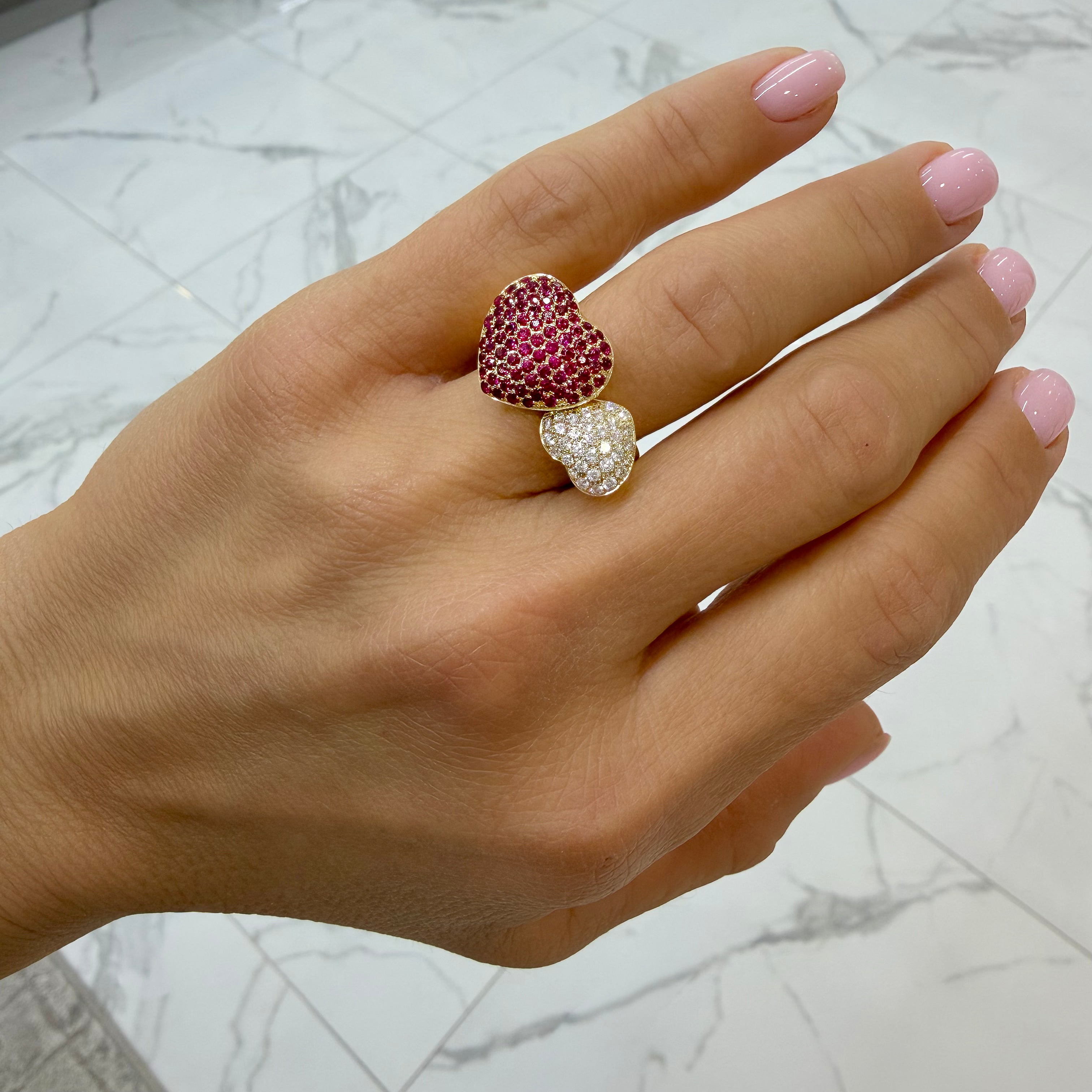 Leo Pizzo 18K Yellow Gold Amore Love Diamond Ruby Double Heart Cocktail Ring