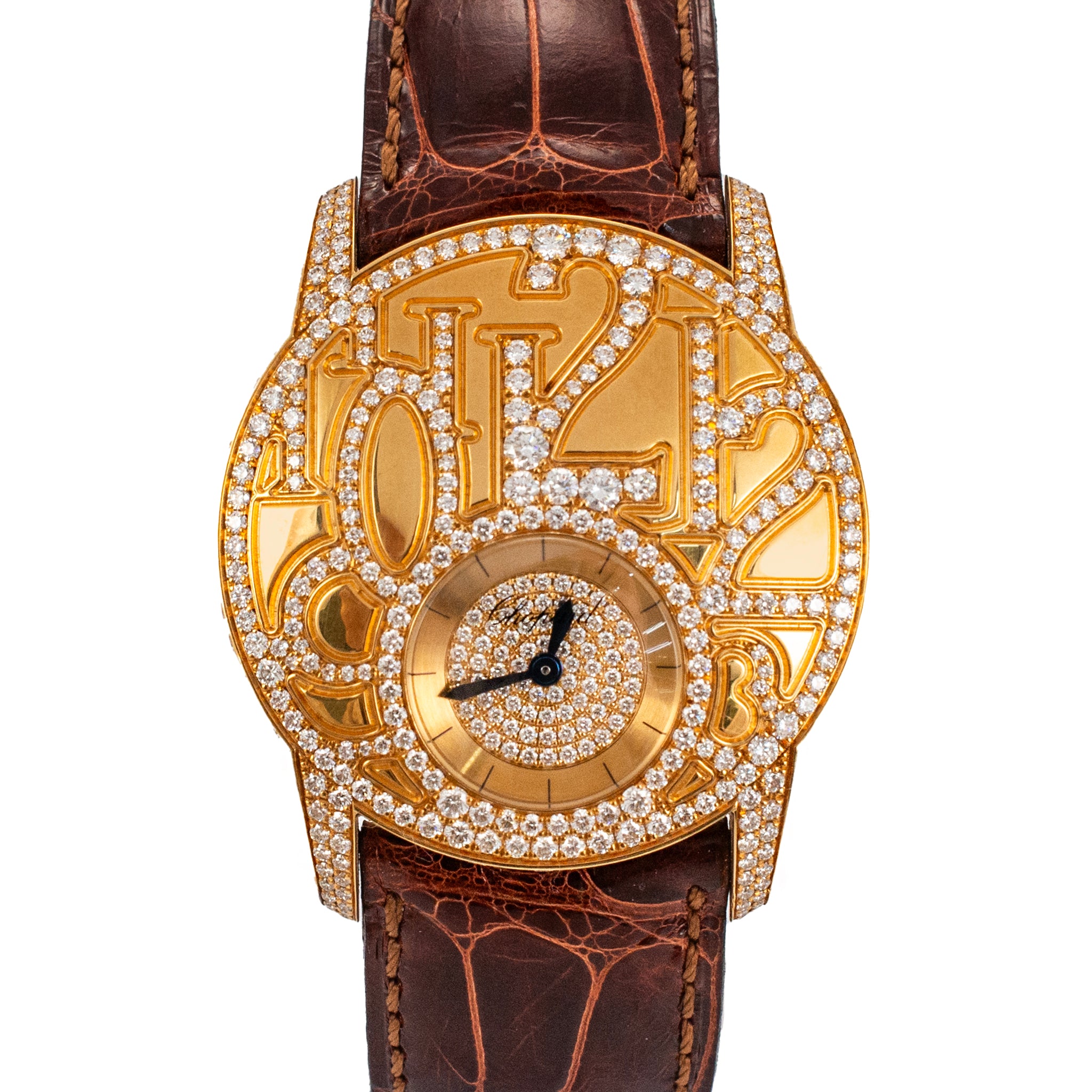 Chopard Boutique Model 35MM 4184 6.78ct Pave Diamond 18K Yellow Gold Brown Watch