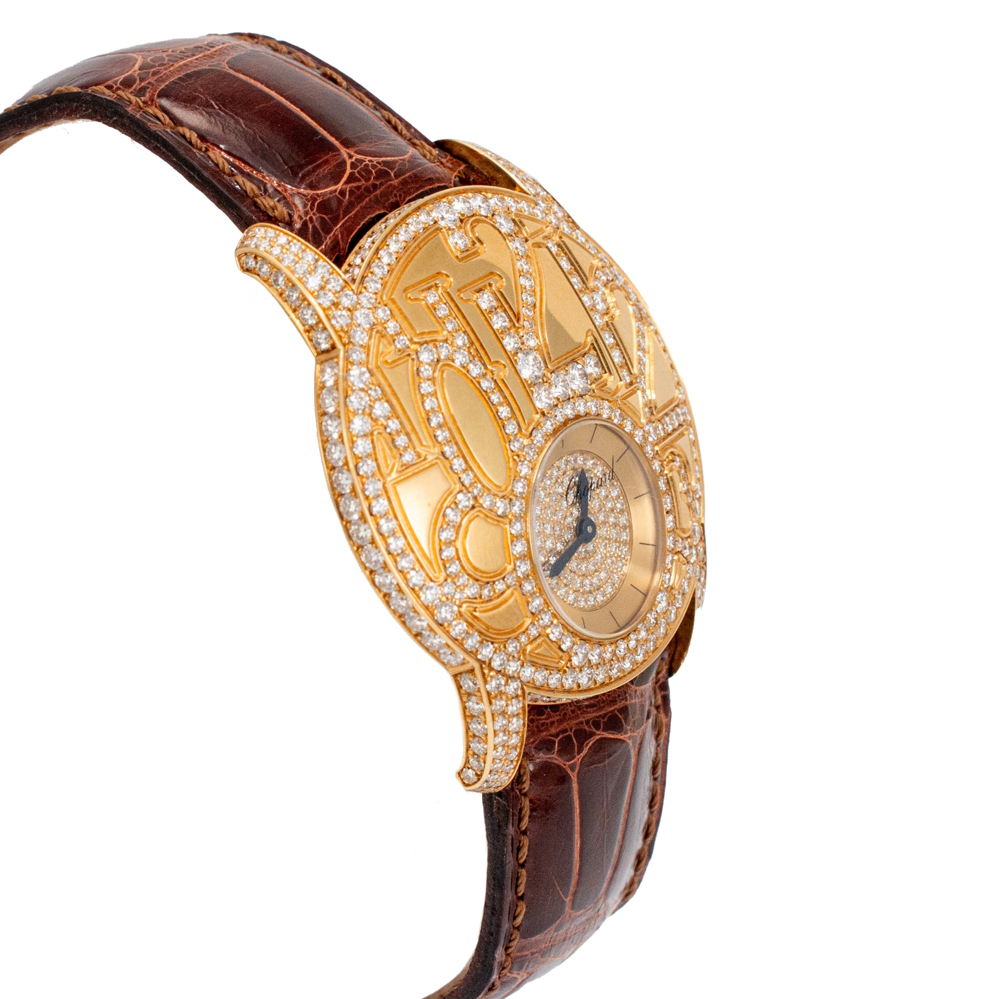 Chopard Boutique Model 35MM 4184 6.78ct Pave Diamond 18K Yellow Gold Brown Watch