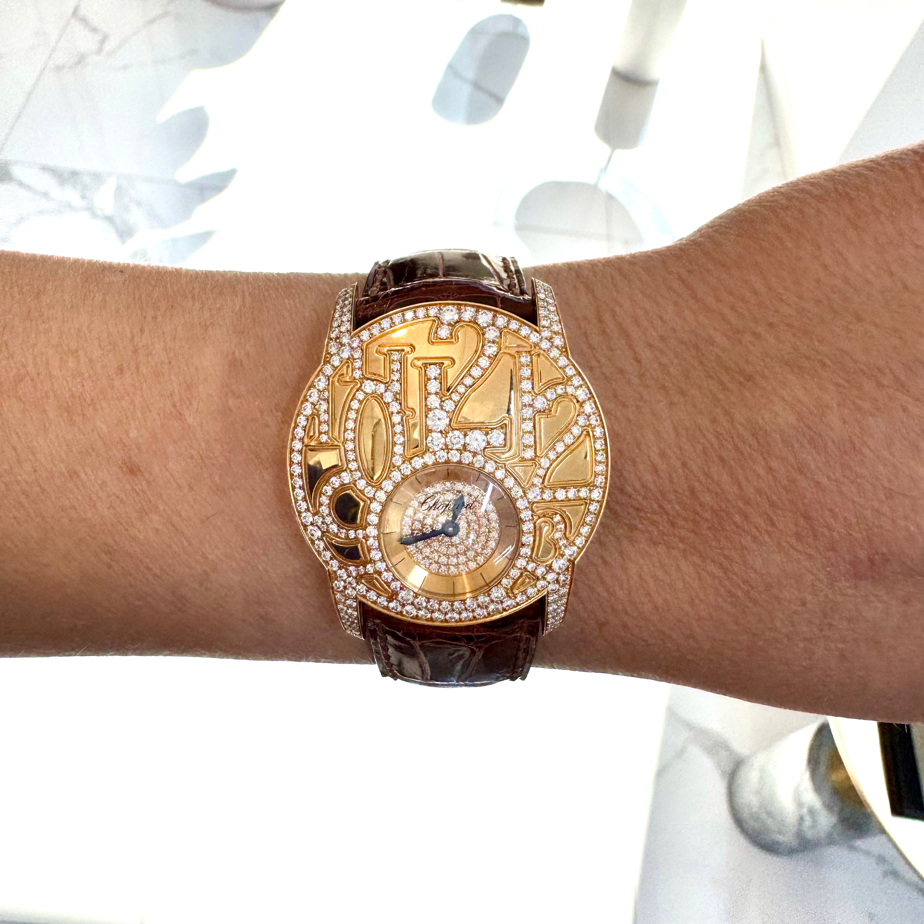 Chopard Boutique Model 35MM 4184 6.78ct Pave Diamond 18K Yellow Gold Brown Watch