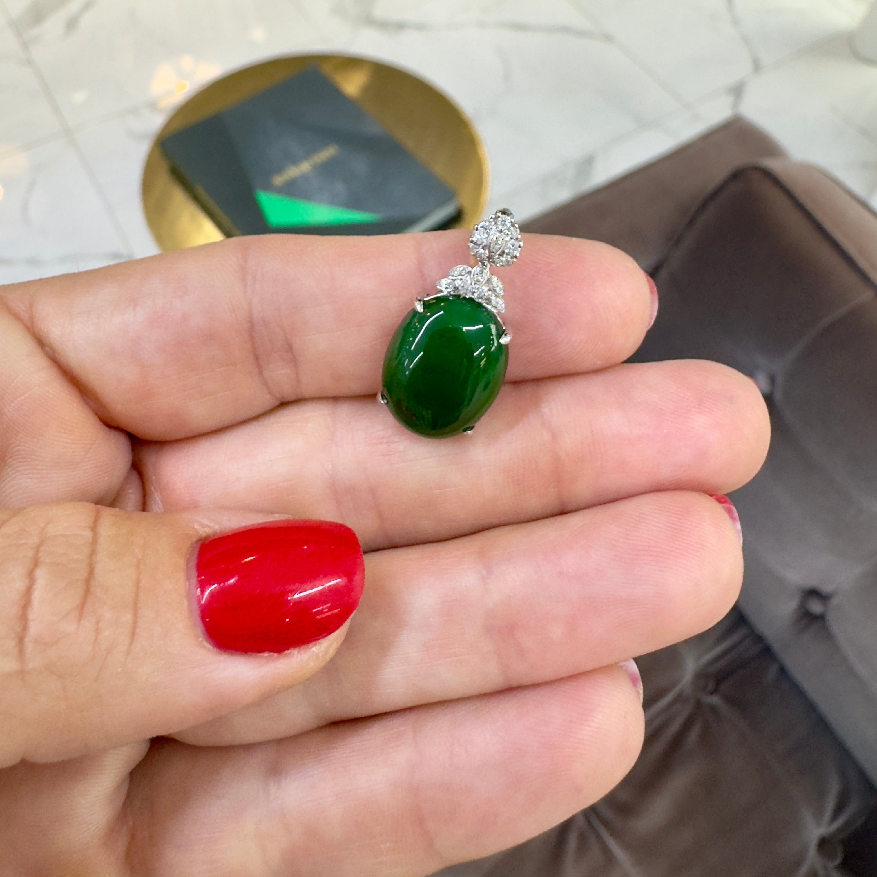 18K White Gold 6.50ct Egg Green Myanmar Jadeite Jade Diamond Charm Pendant