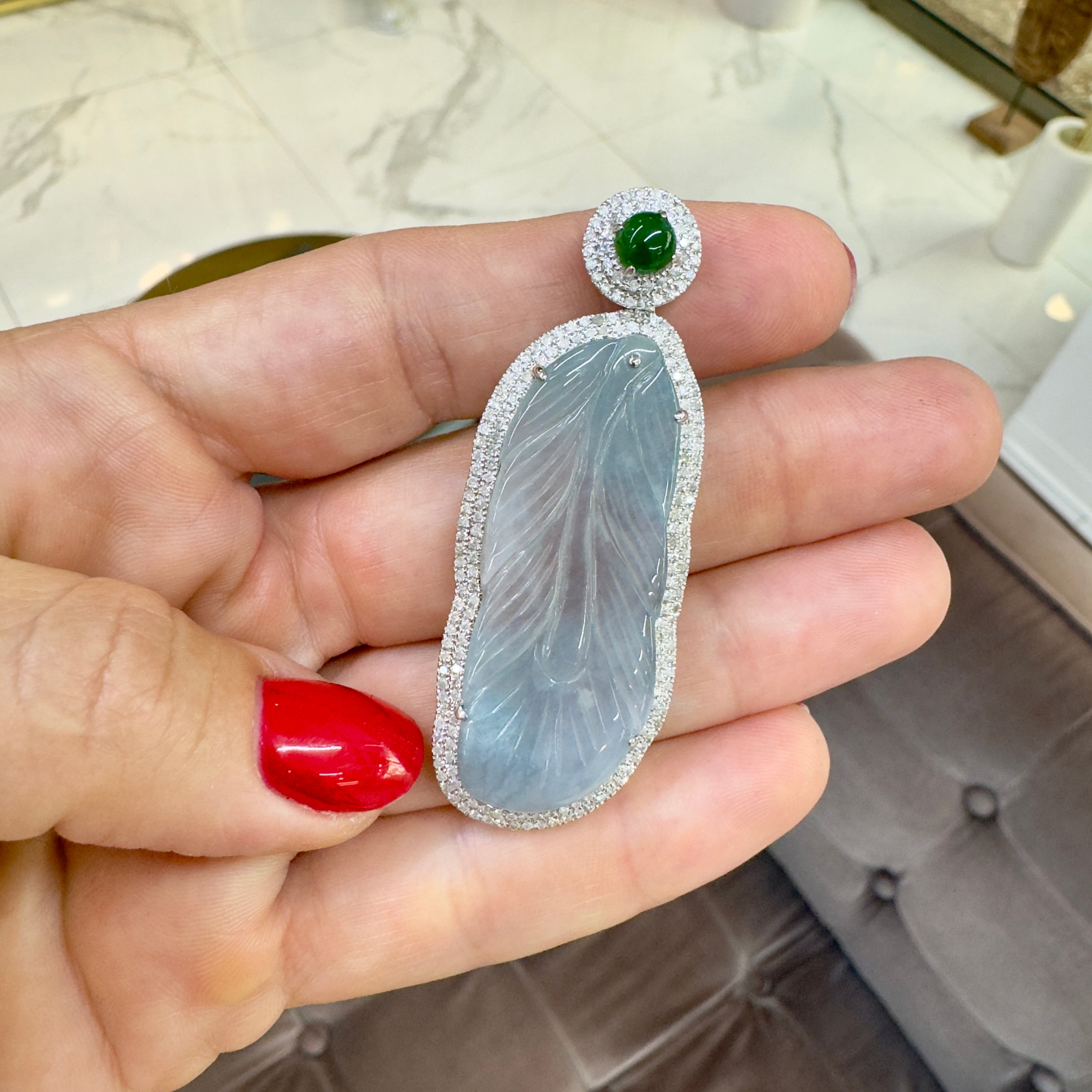 18K White Gold 18.40ct Blue Glutinous Jadeite Jade Diamond Jade Charm Pendant