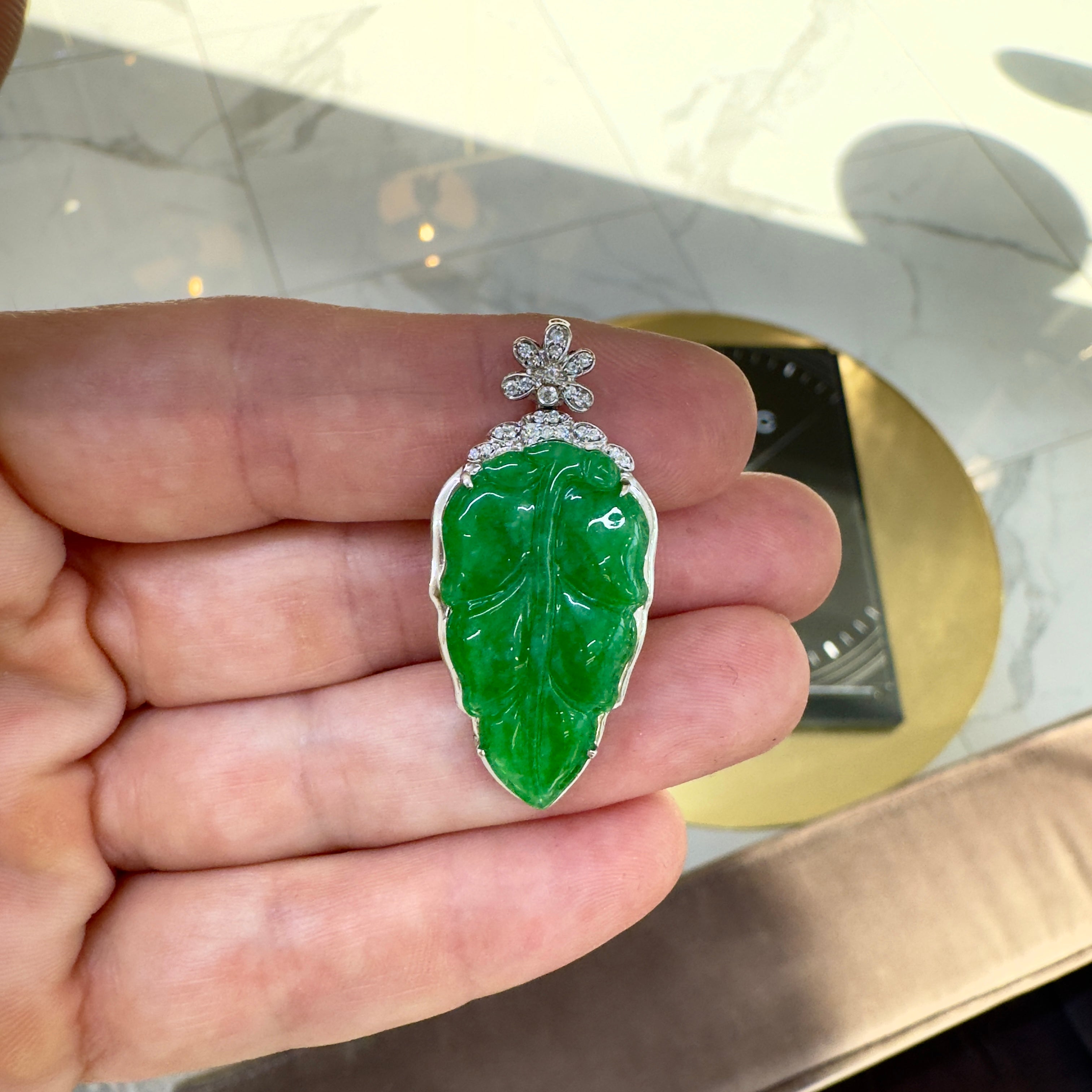 18K White Gold 9.80ct Green Burmese Jadeite Jade Diamond Charm Pendant