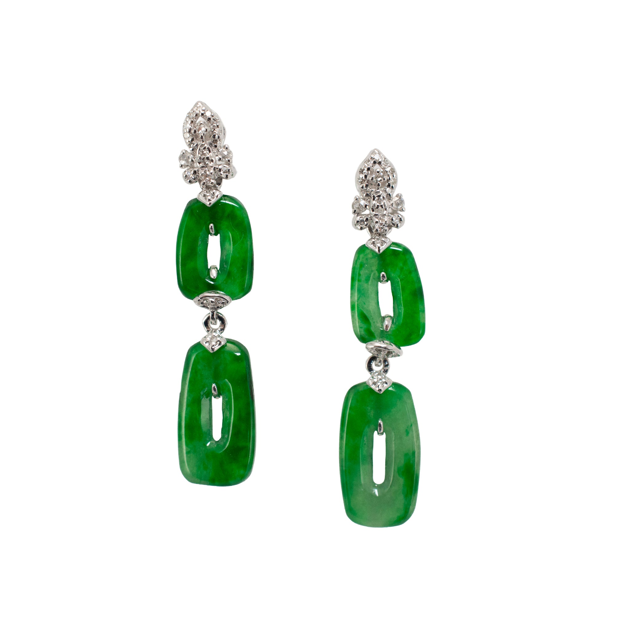 18K White Gold 2.50ct Green Myanmar Jadeite Jade Diamond Dangle Earrings